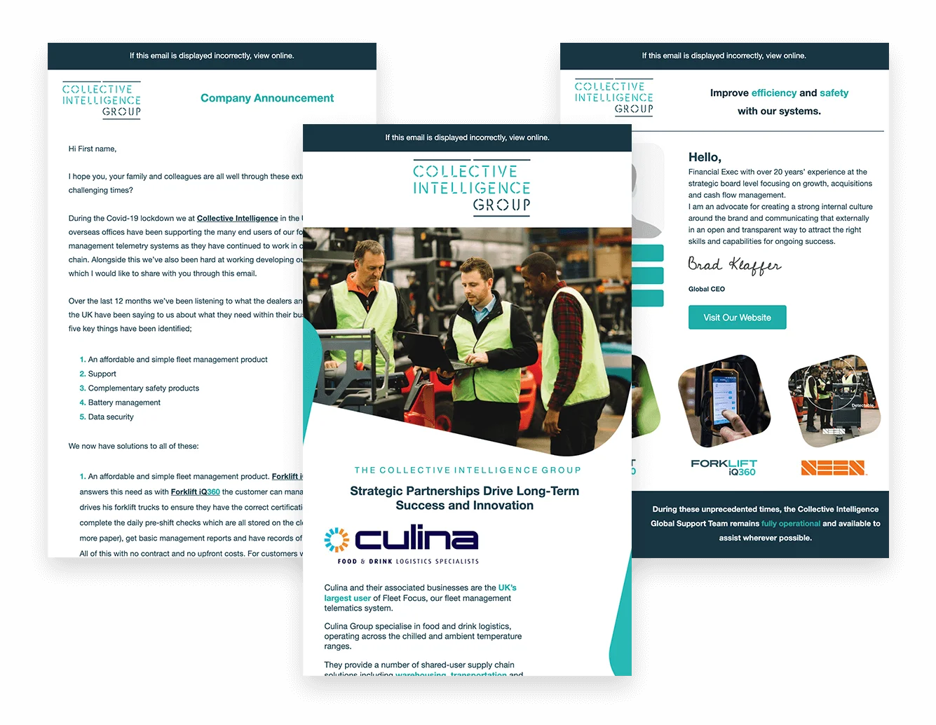 Collective Intelligence Group Company Announcement and Strategic Partnership Updates Three pages of announcements from the Collective Intelligence Group, featuring company updates and a strategic partnership with Culina, highlighting key business messages and visuals.