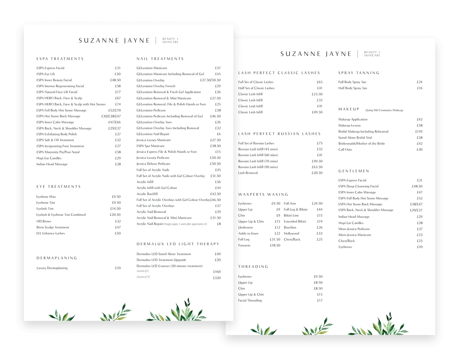 Spa Treatment Menu for Suzanne Jayne Detailed service menu displaying various spa treatments and prices at Suzanne Jayne