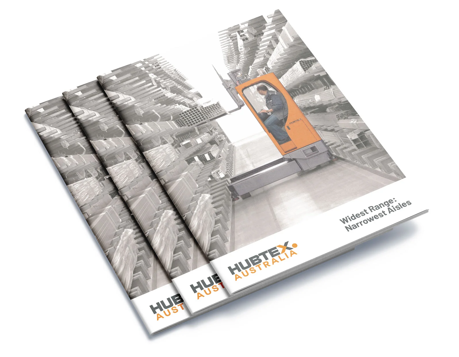 Hubtex Narrow Aisle Forklift Brochure Three Hubtex brochures showcasing narrow aisle forklifts on a white background