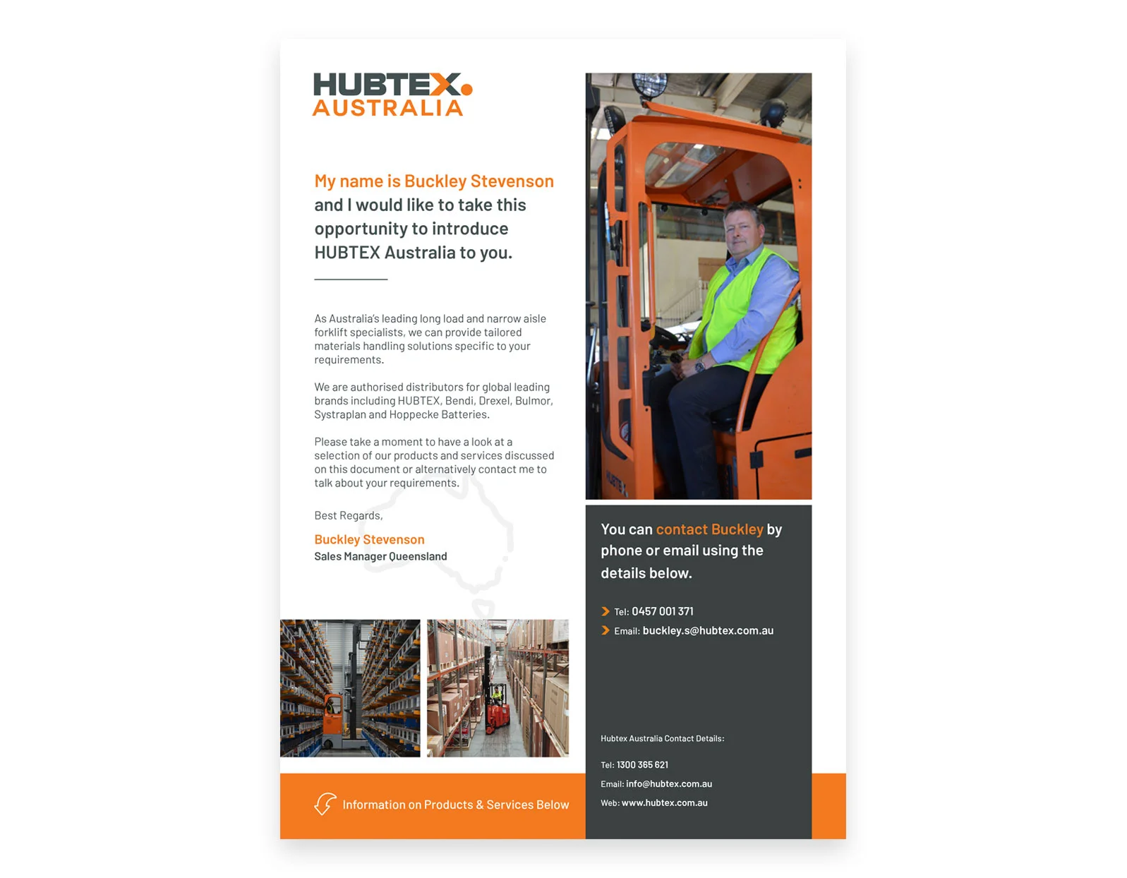 Hubtex Australia Introduction Brochure A person in a safety vest sitting in an orange vehicle cabin, promoting Hubtex Australia.