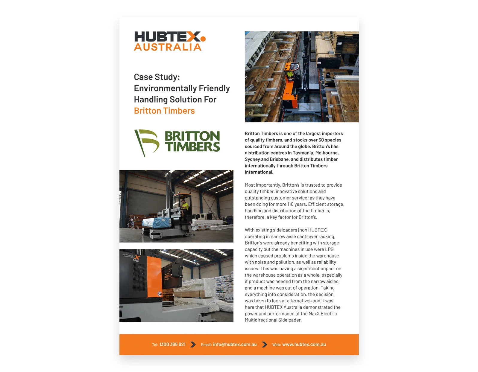 Hubtex Australia Case Study on Environmentally Friendly Handling Solutions for Britton Timbers Case study document showcasing Hubtex Australia's environmentally friendly handling solutions for Britton Timbers, featuring images and detailed information.