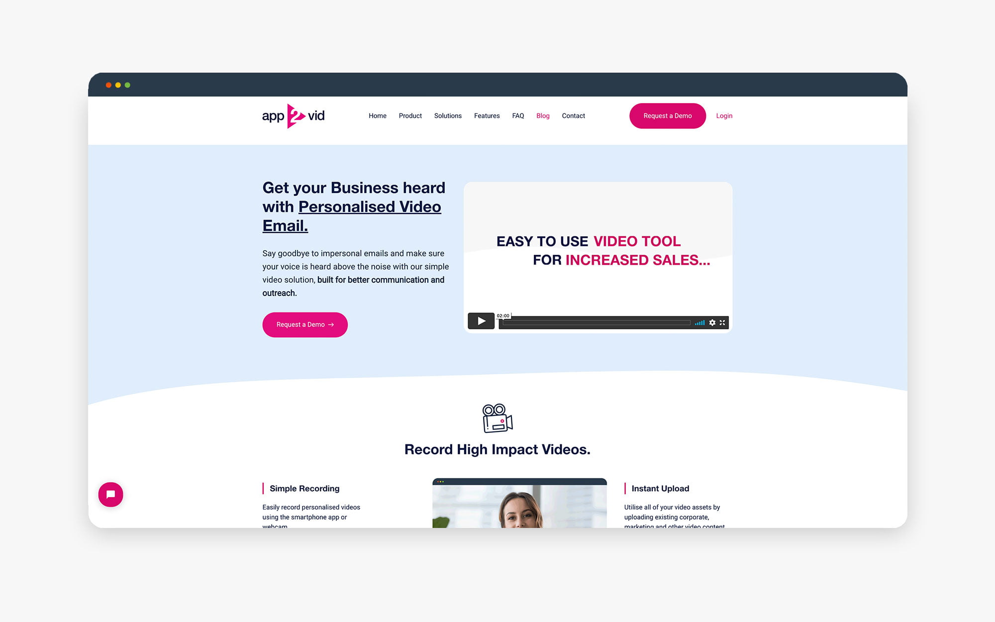 Screenshot of a video marketing tool website showcasing personalized video capabilities with a play button
