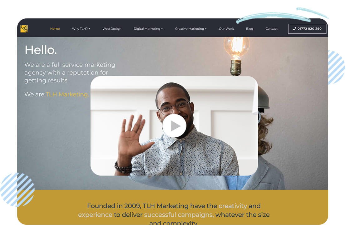 Full Service Marketing Agency Introduction Homepage of TUH Marketing showcasing a video introduction with a professional speaker.
