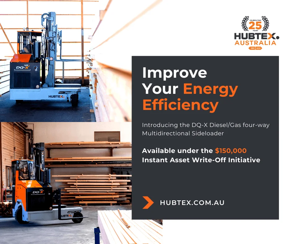 Hubtex DQ-X Diesel/Gas Multidirectional Sideloder Promotion Advertisement for Hubtex DQ-X four-way Multidirectional Sideloader highlighting energy efficiency benefits and financial incentives.
