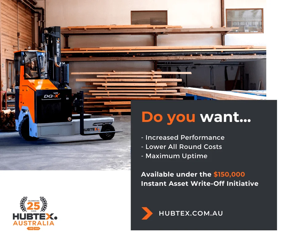 Hubtex Australia Forklift Promotion Promotional image for Hubtex Australia showcasing a forklift with a message about performance, cost reduction, and asset write-off initiative.