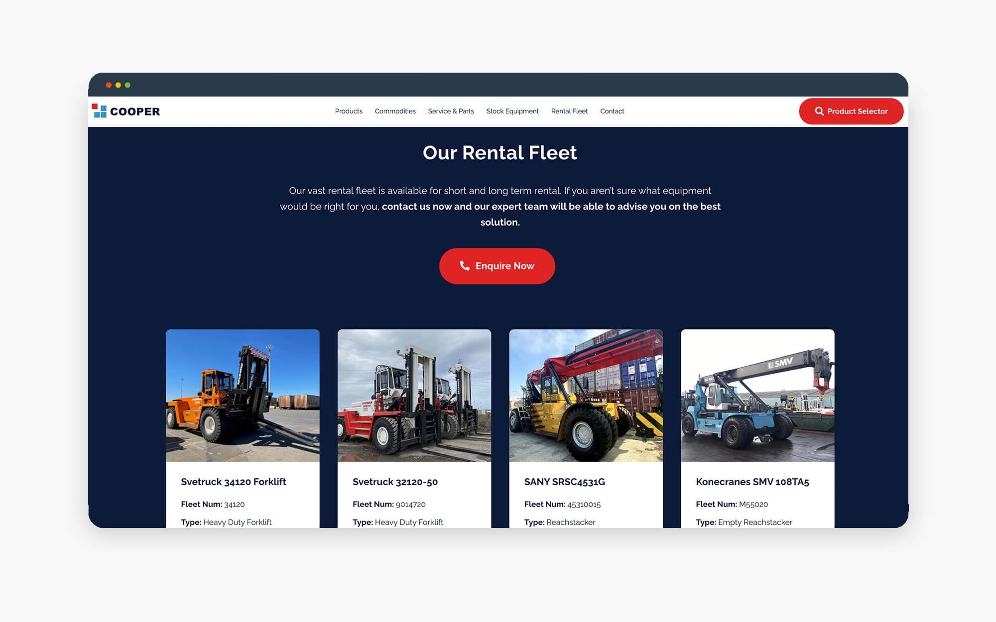 A showcase of various rental equipment including forklifts and cranes on a website layout.
