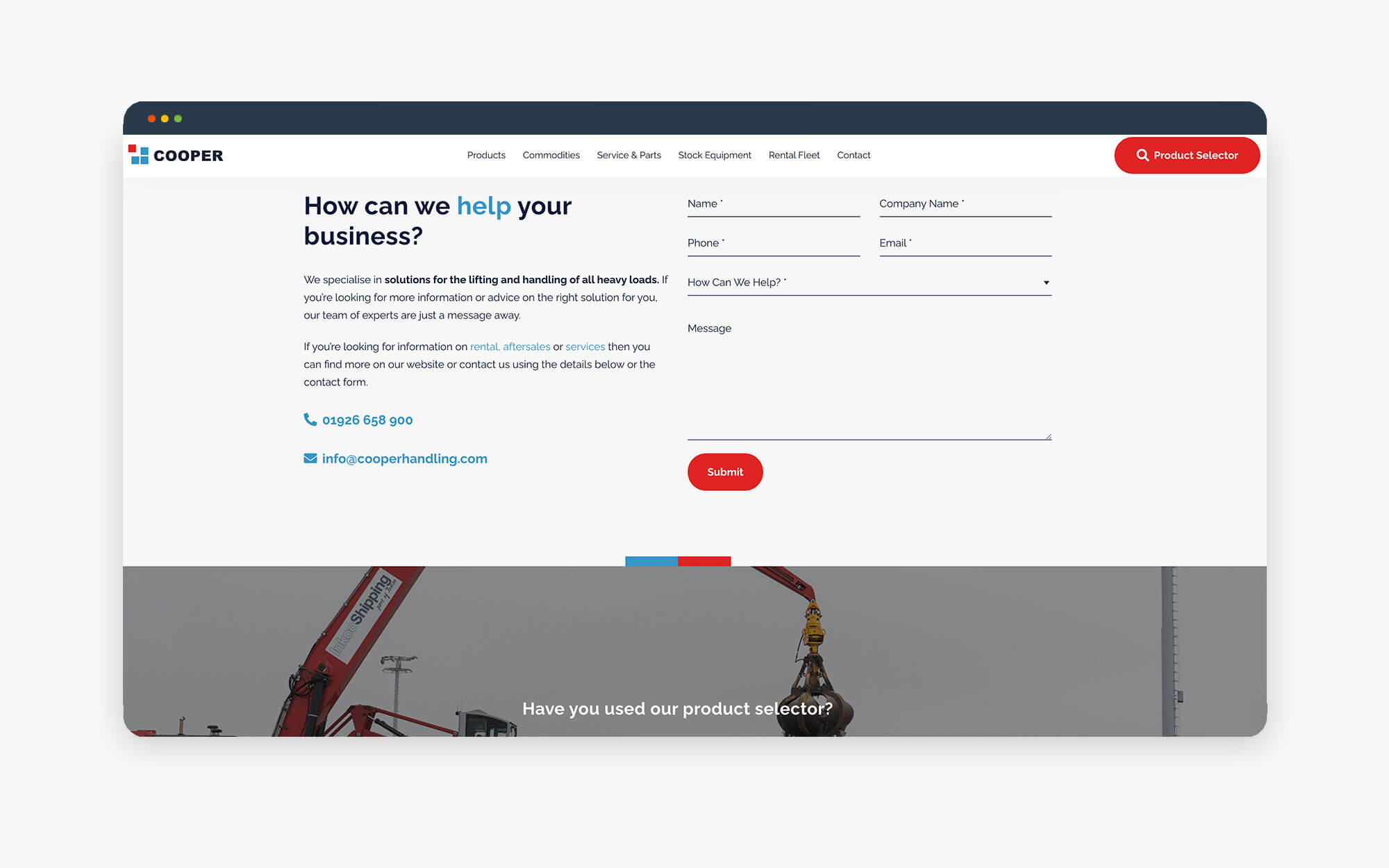 A website screenshot featuring a contact form for business assistance, including fields for name, email, and message.