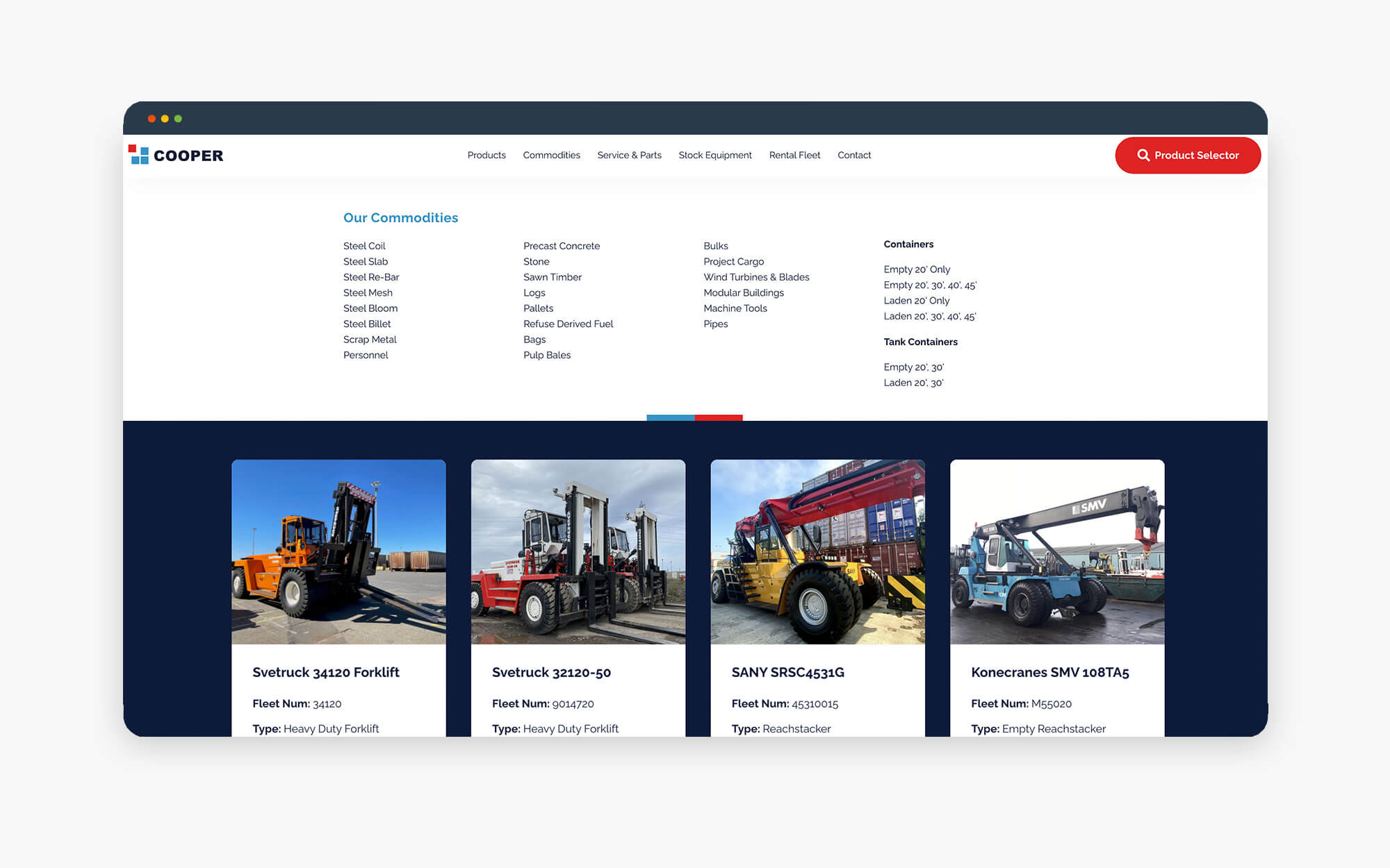 Screenshot of a construction equipment rental website showcasing various machinery options.