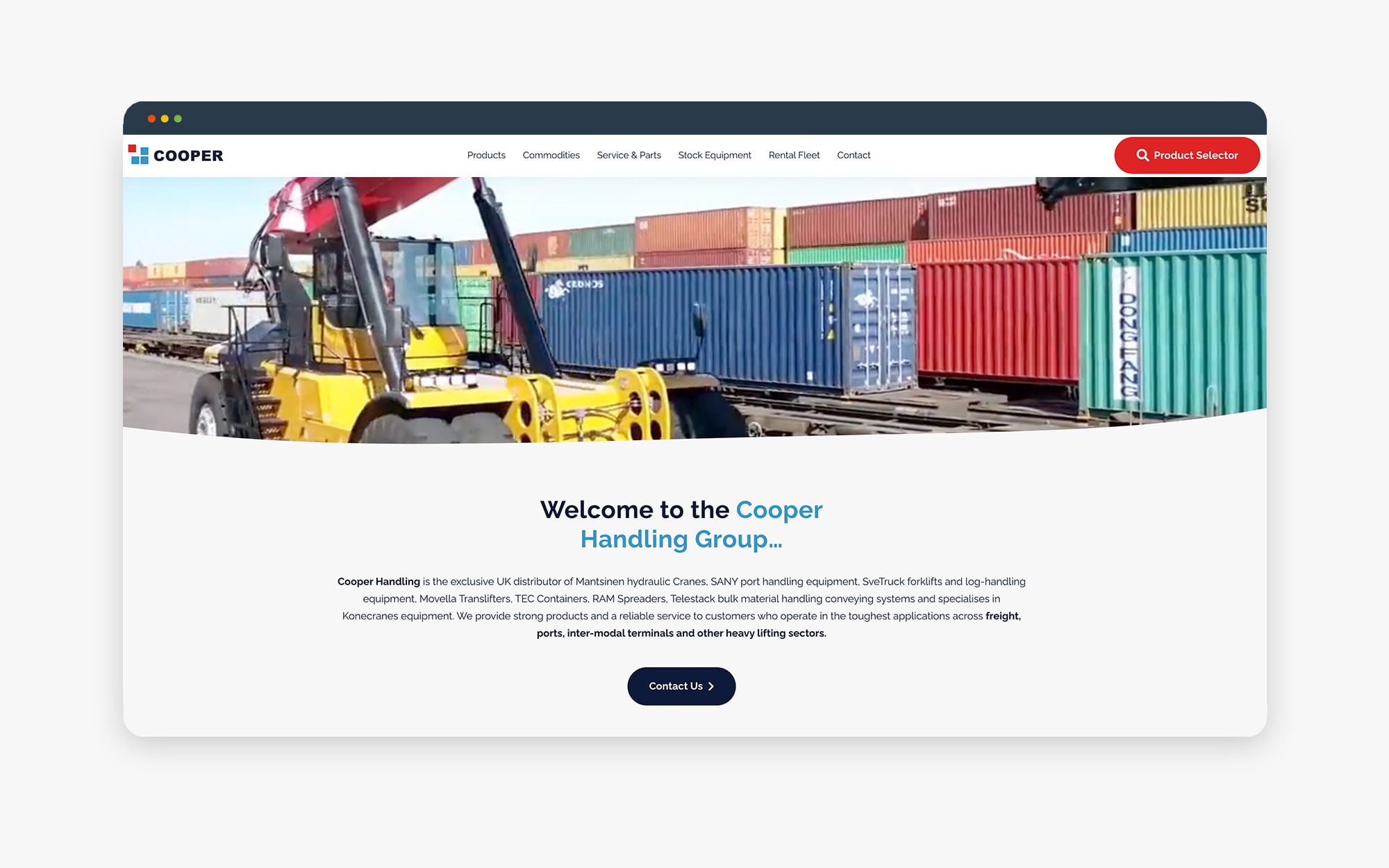 A yellow forklift at a container terminal with colorful shipping containers in the background.