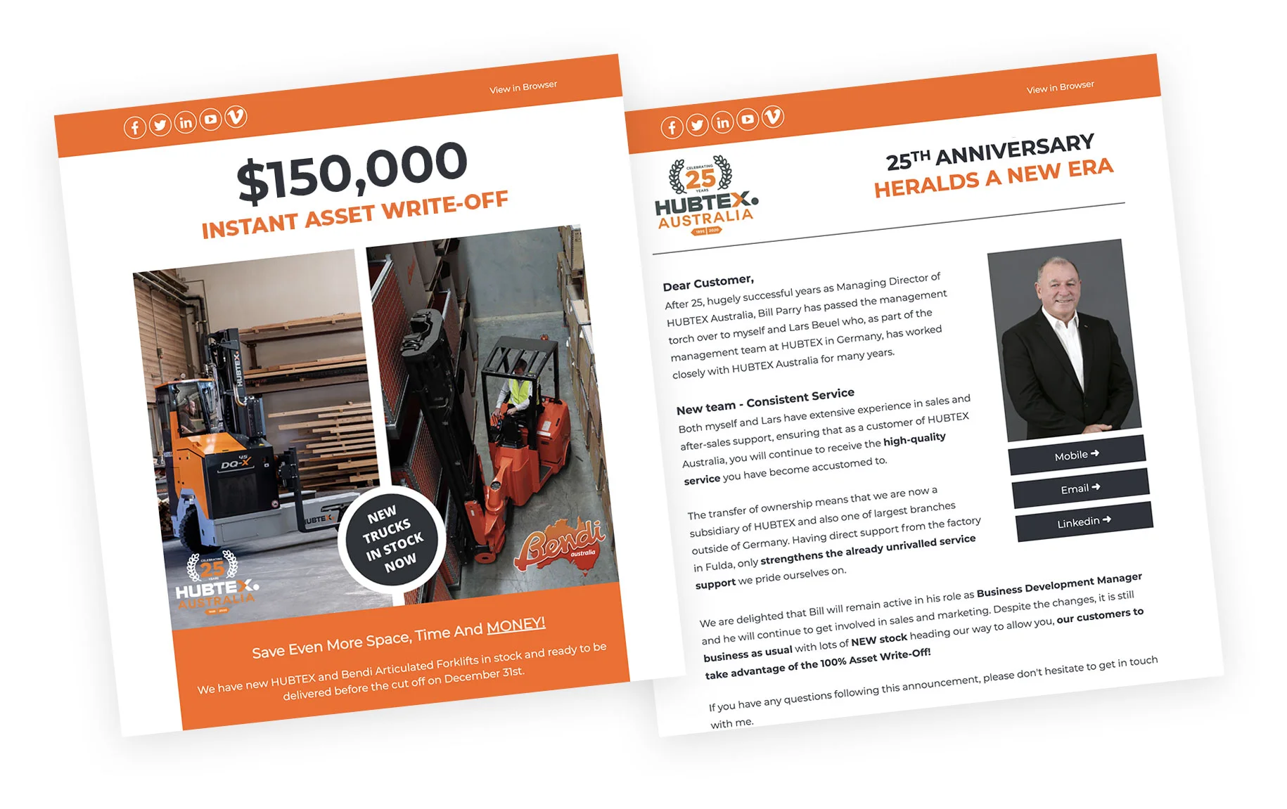 Marketing Material for Asset Write-Off and Company Anniversary Promotional flyer featuring a $150,000 instant asset write-off and a company anniversary announcement.