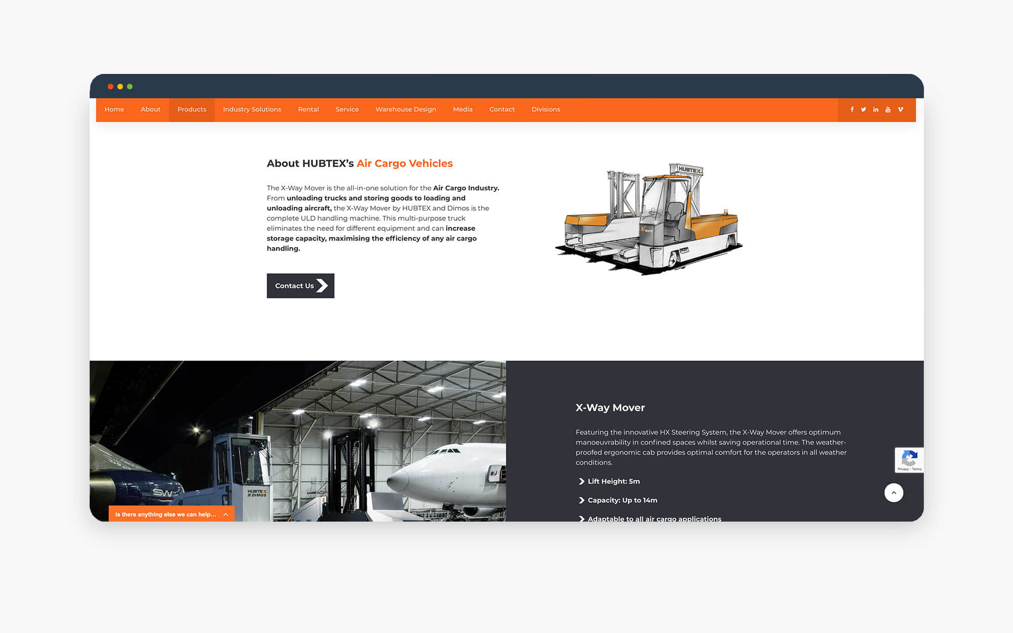 Screenshot of an industrial transport solutions website featuring a cargo handling system and information on services offered.
