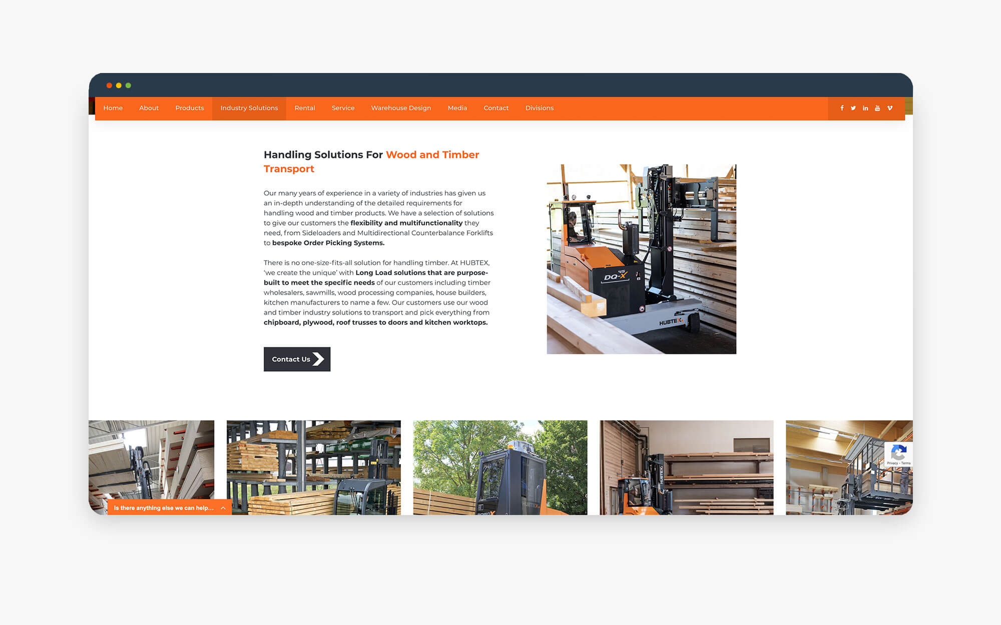 Overview of timber handling equipment on a website showcasing solutions for industrial applications.