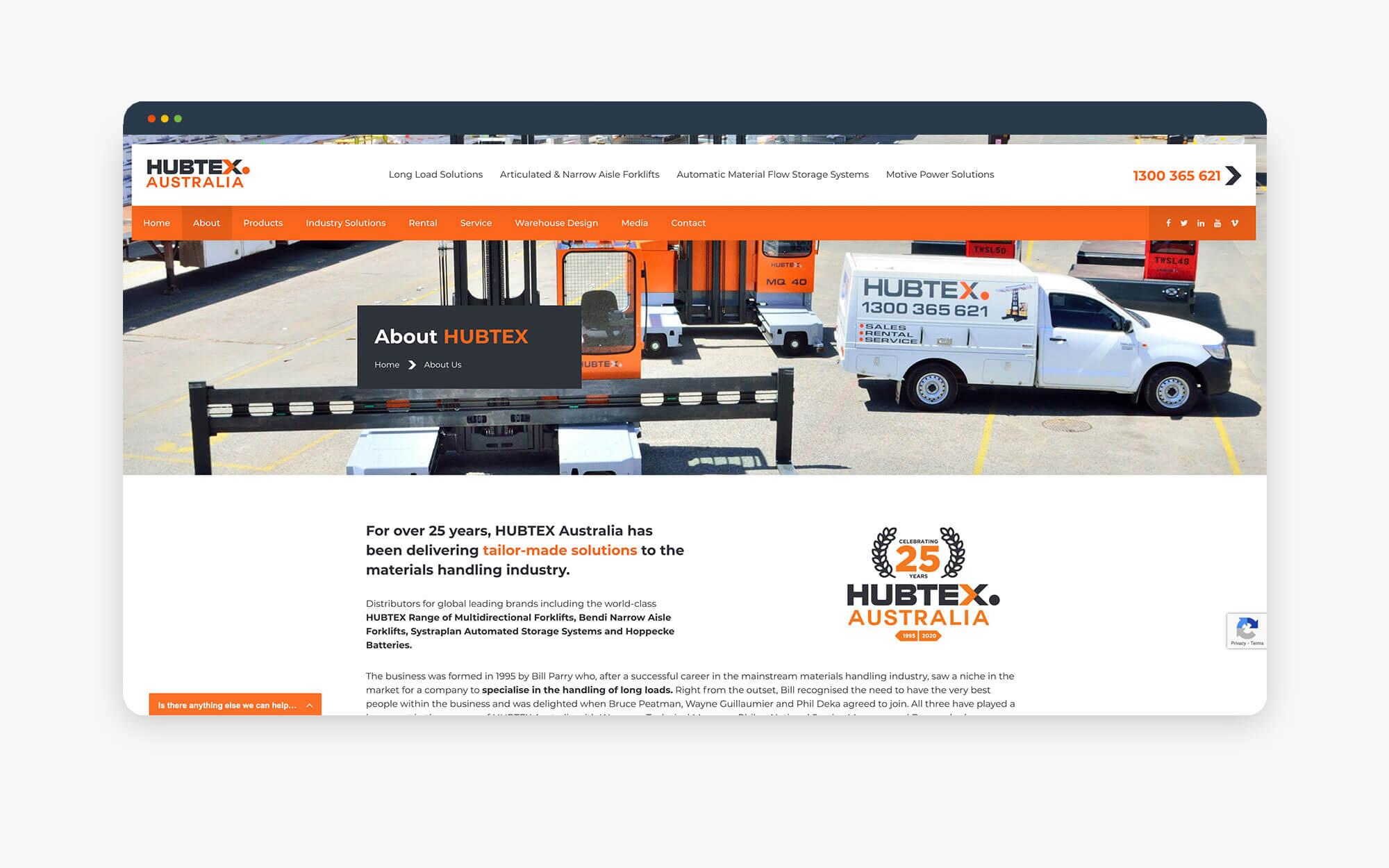 Screenshot of Hubtex Australia website showcasing their services and vehicles