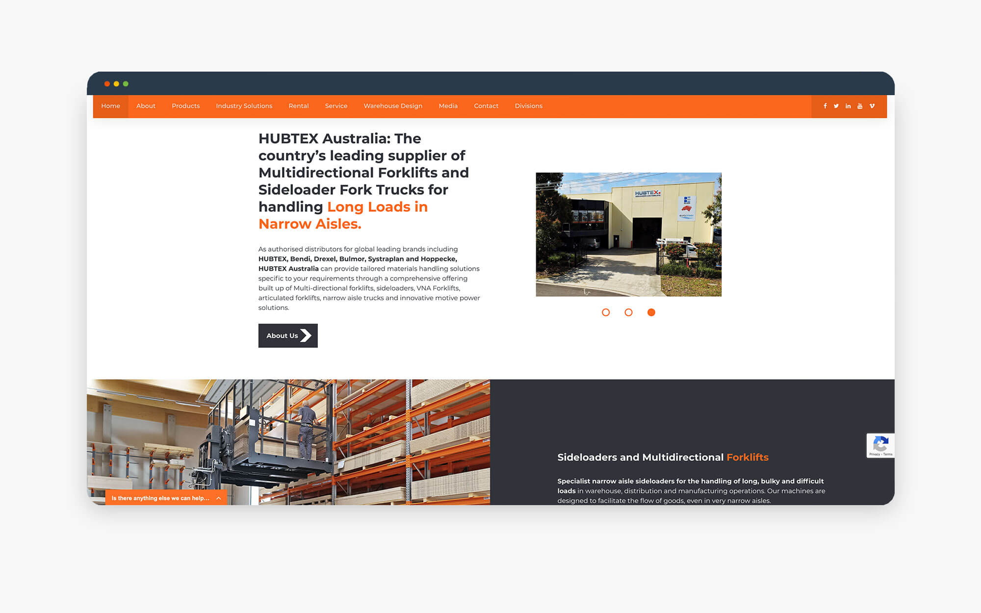 Website screenshot showcasing HYSTER Australia's material handling forklifts and side loader solutions.