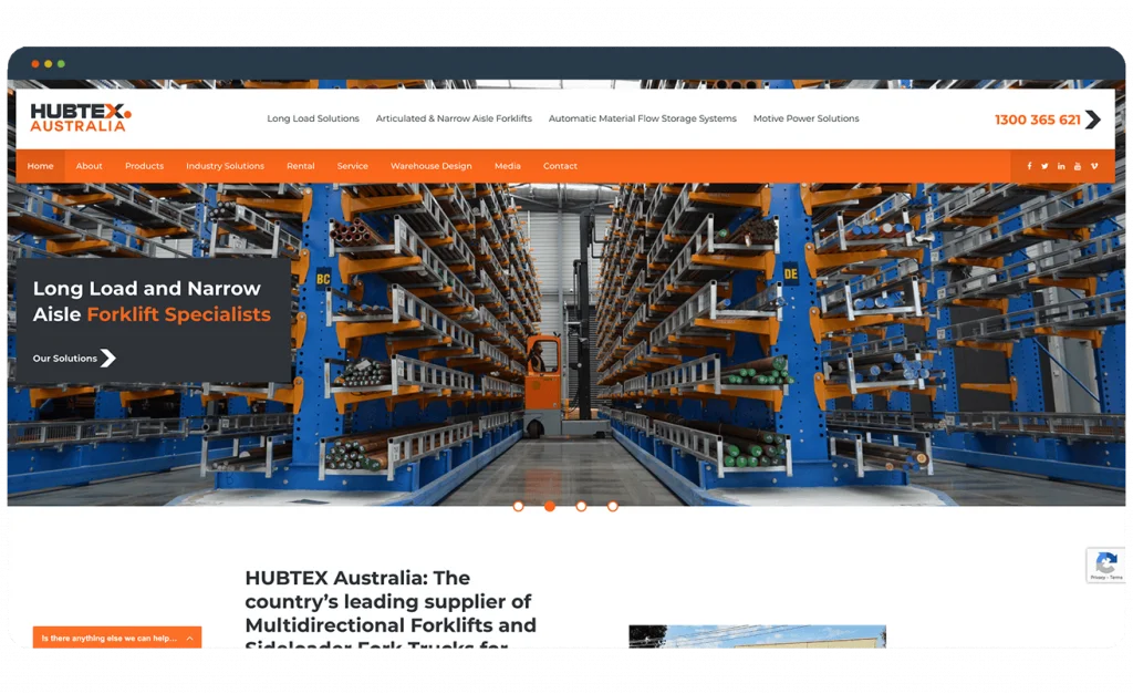 HURTEX Australia - Long Load and Narrow Aisle Forklift Specialists Homepage of HURTEX Australia showcasing long load and narrow aisle forklifts with storage racks in a warehouse setting.