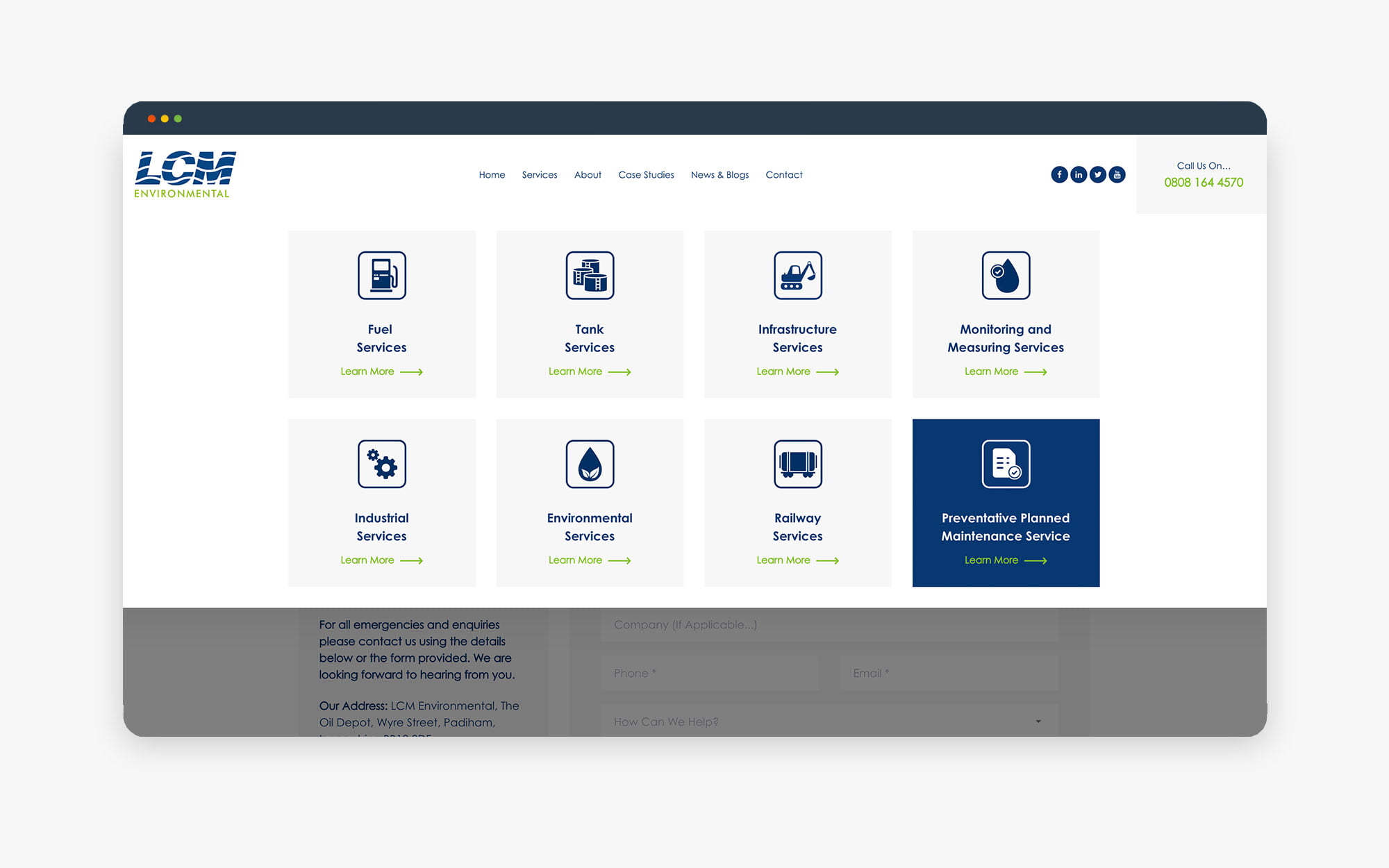 Dashboard displaying various service options including environmental and marketing services on the LCM website