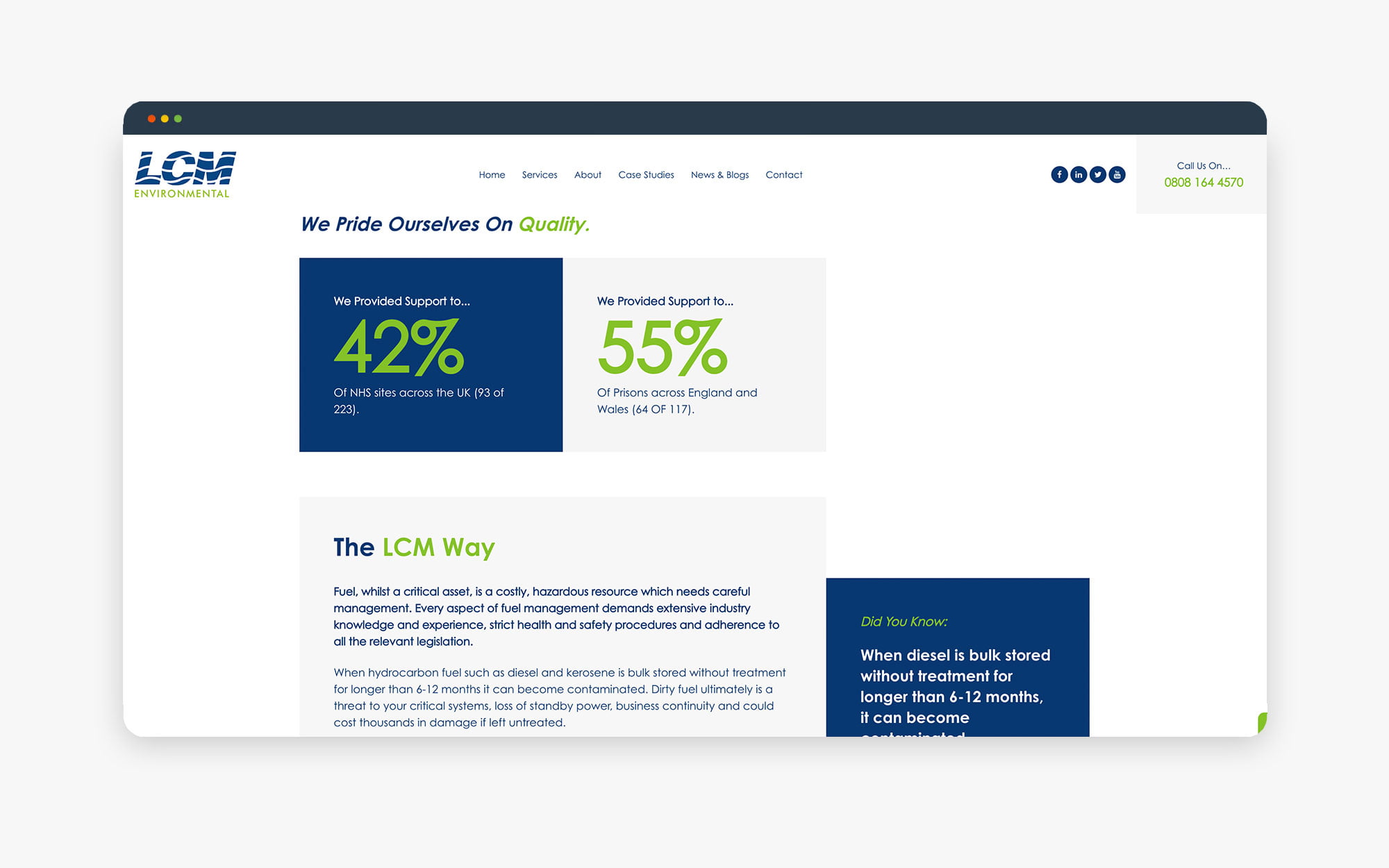 Screenshot of LCM website highlighting key statistics and company values.