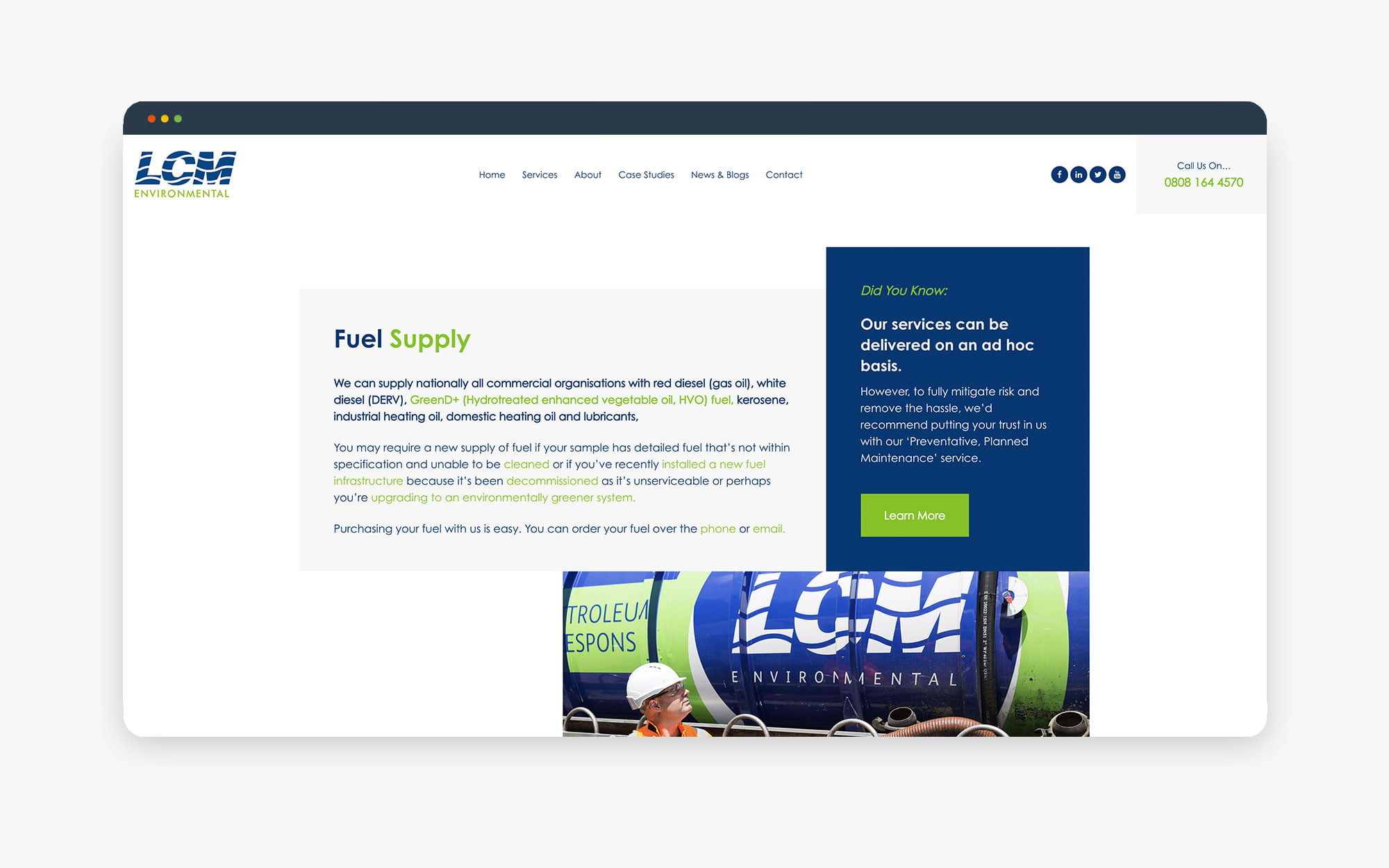 Screenshot of LCM website highlighting fuel supply services with a focus on expertise and operational details.