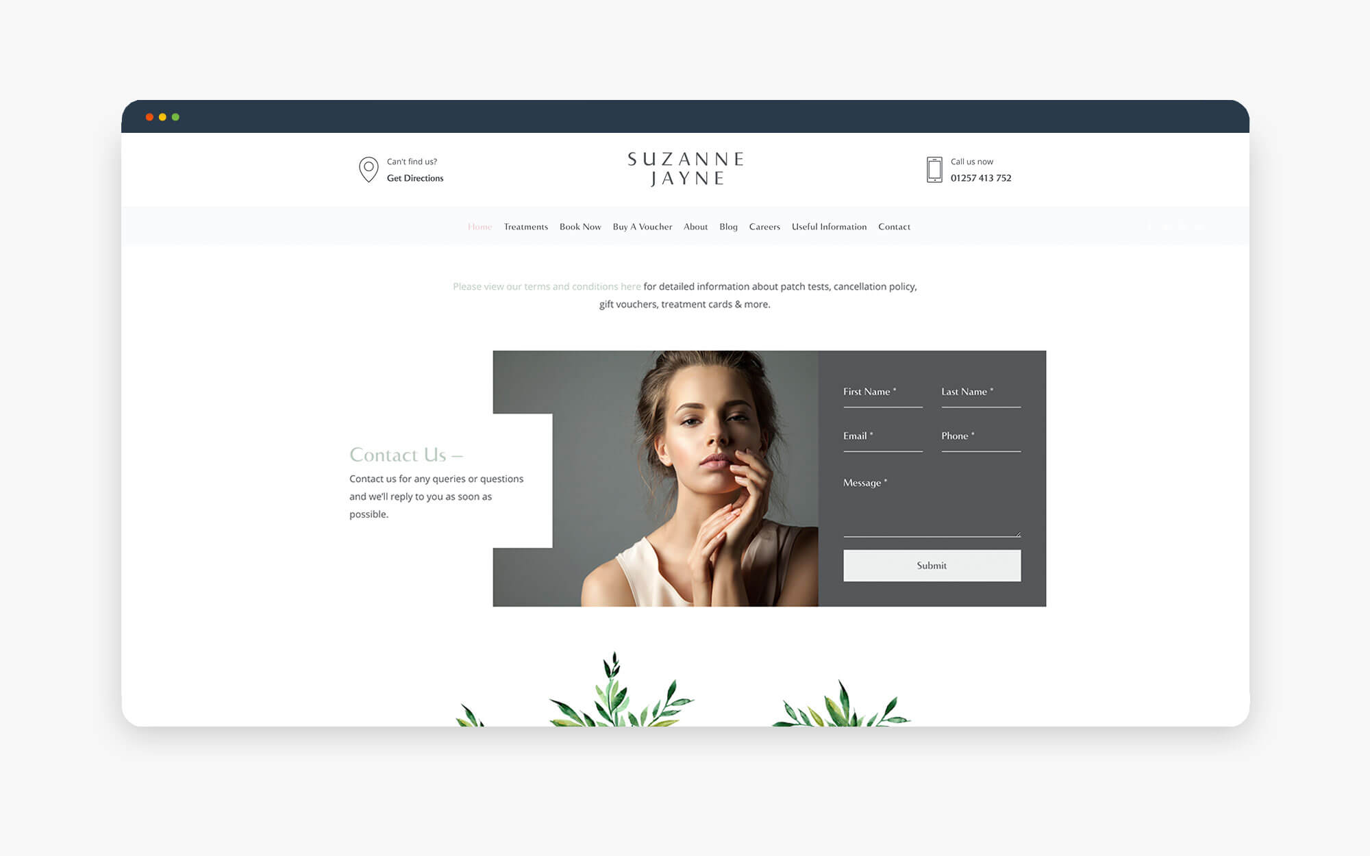 Homepage of a skincare business featuring a model and a contact form with elegant floral accents.