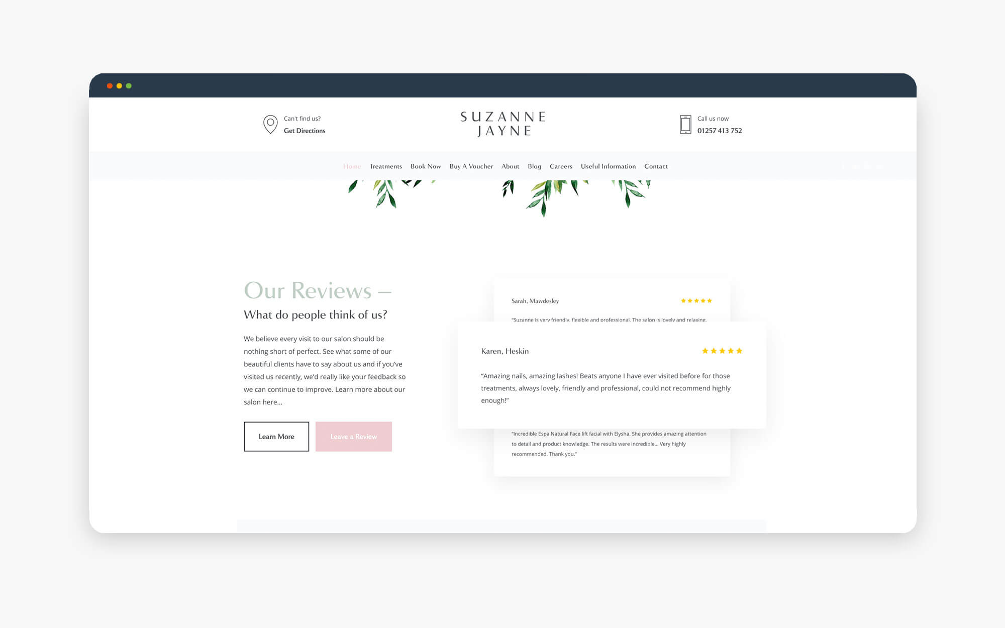 A screenshot displaying the reviews section featuring client testimonials and a rating system on Suzanne Jane's website.