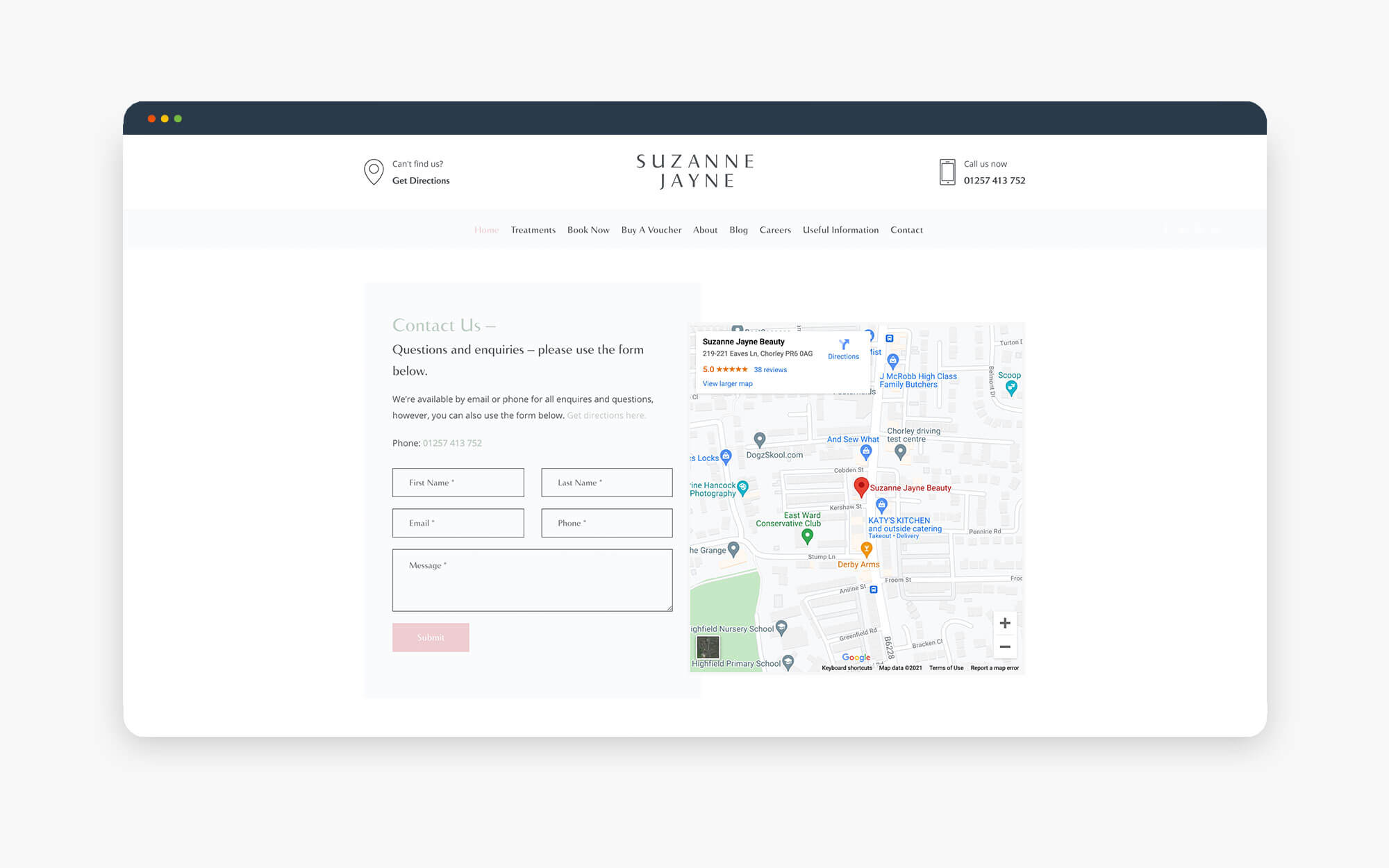 Screenshot of the contact page featuring a map and form for Suzanne Jane.