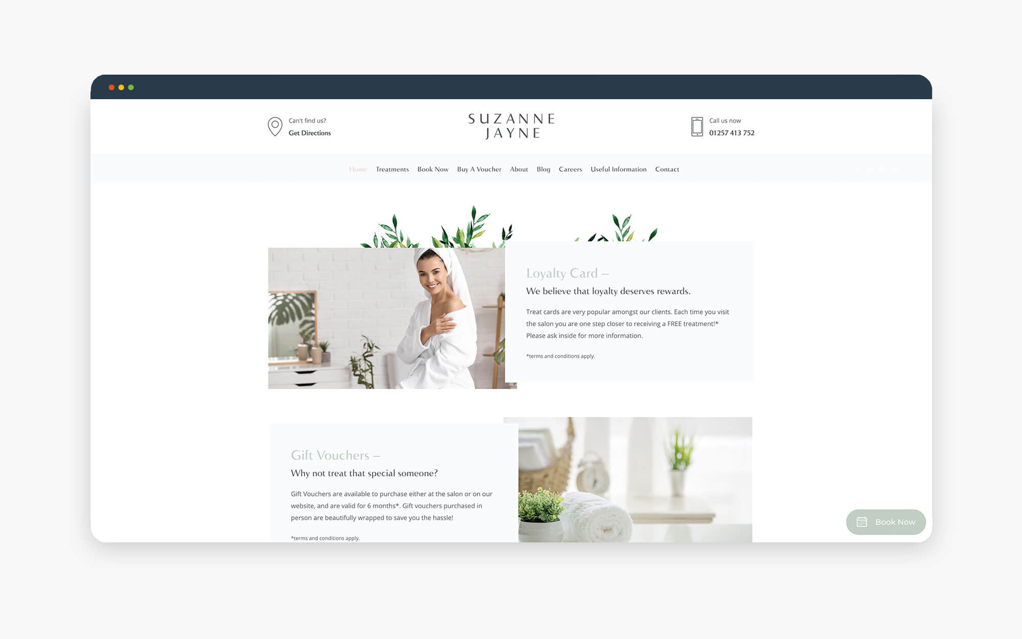 A clean and modern web page showcasing Suzanne Jane's services, featuring a woman in a bright, natural setting with plants.