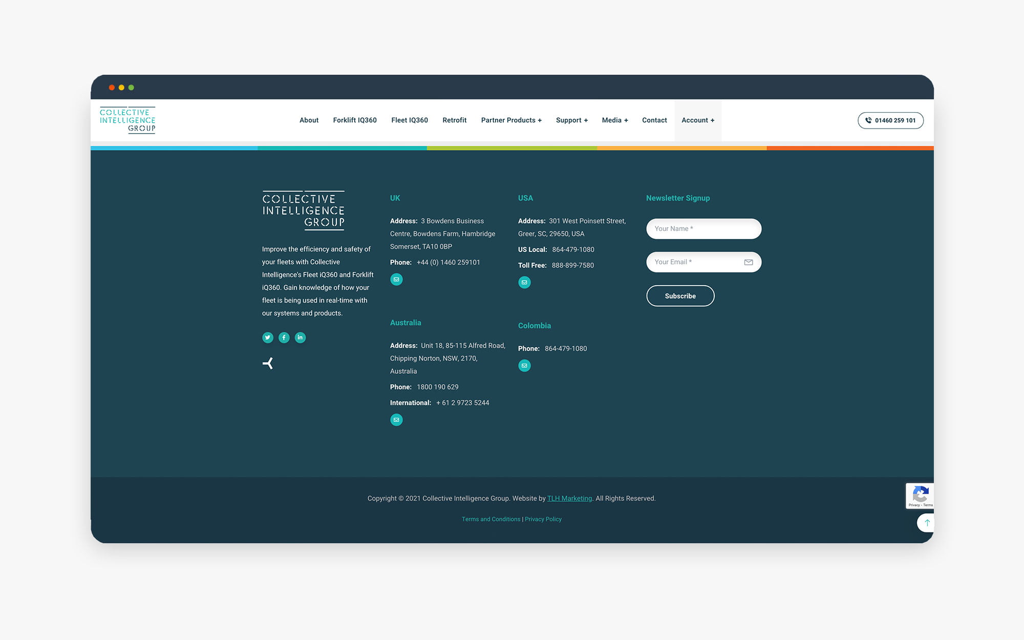 Screenshot of a website interface displaying contact information and a search bar with a dark background.