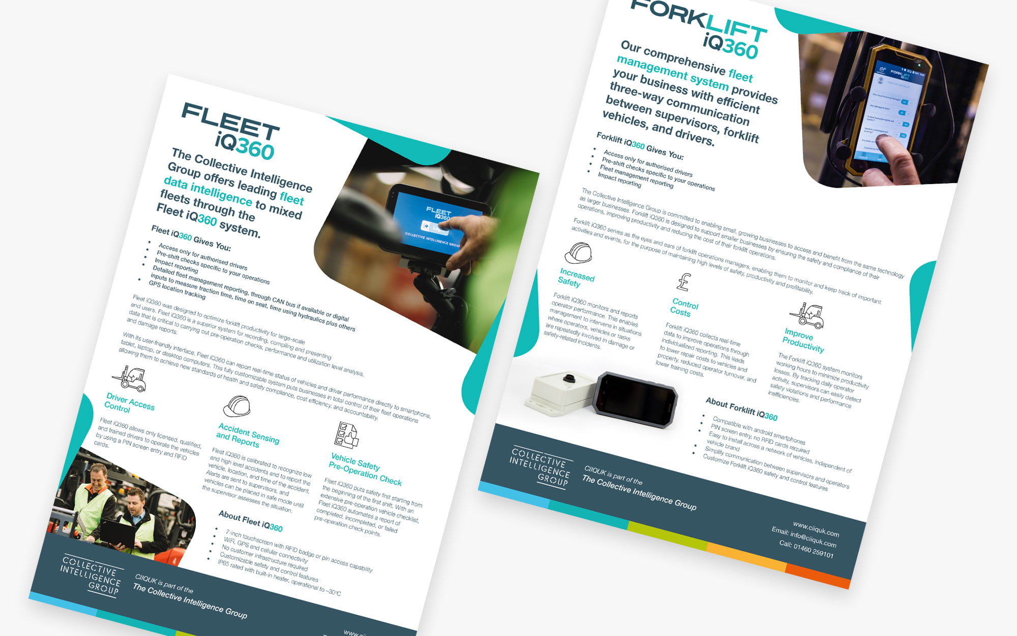 Brochure showcasing Forklift Fleet 360 solutions with mobile app and fleet management features.