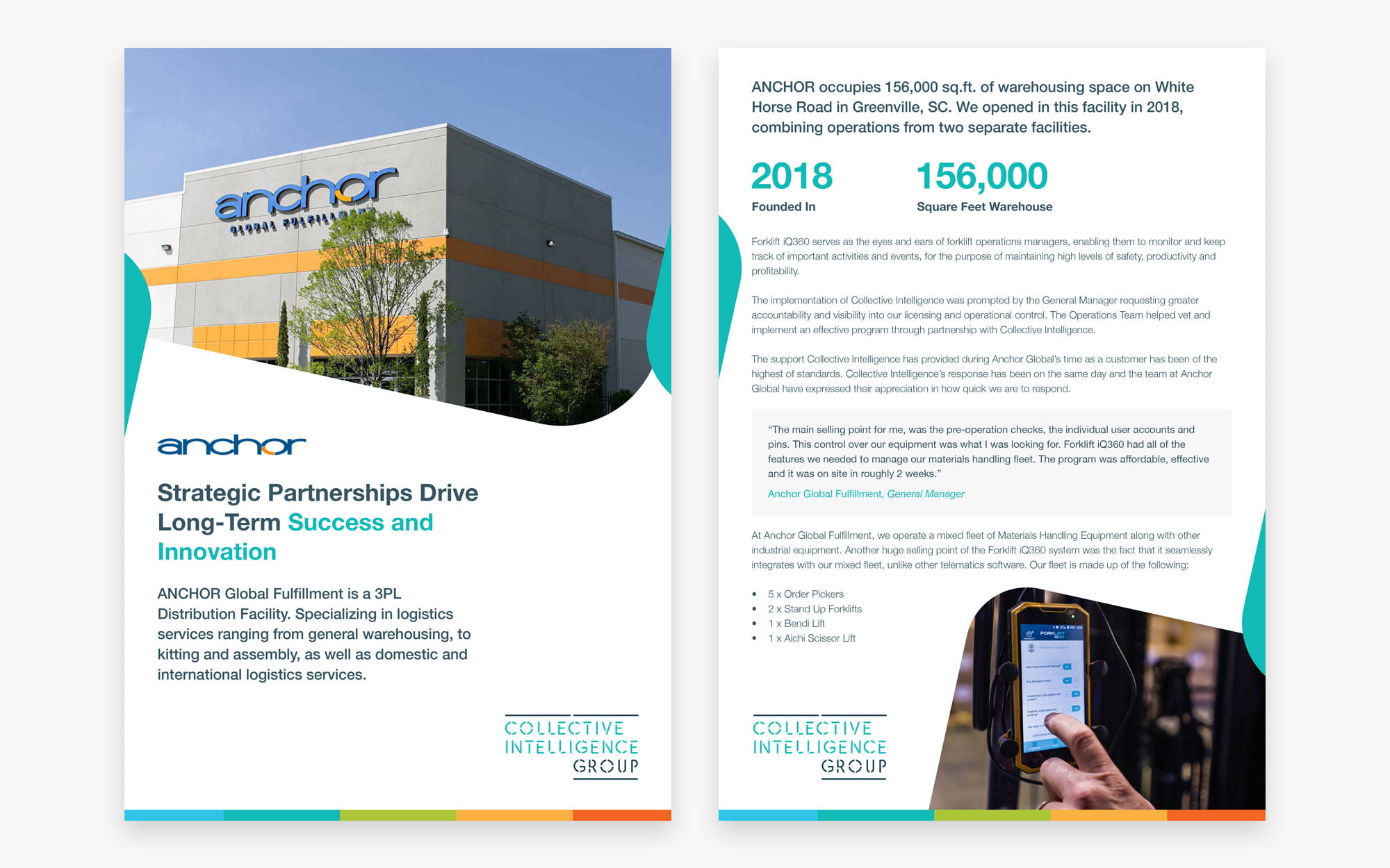 A two-page company brochure for Anchor Marketing Solutions showcasing their strategic partnerships and success stories, featuring their building and smartphone interface.