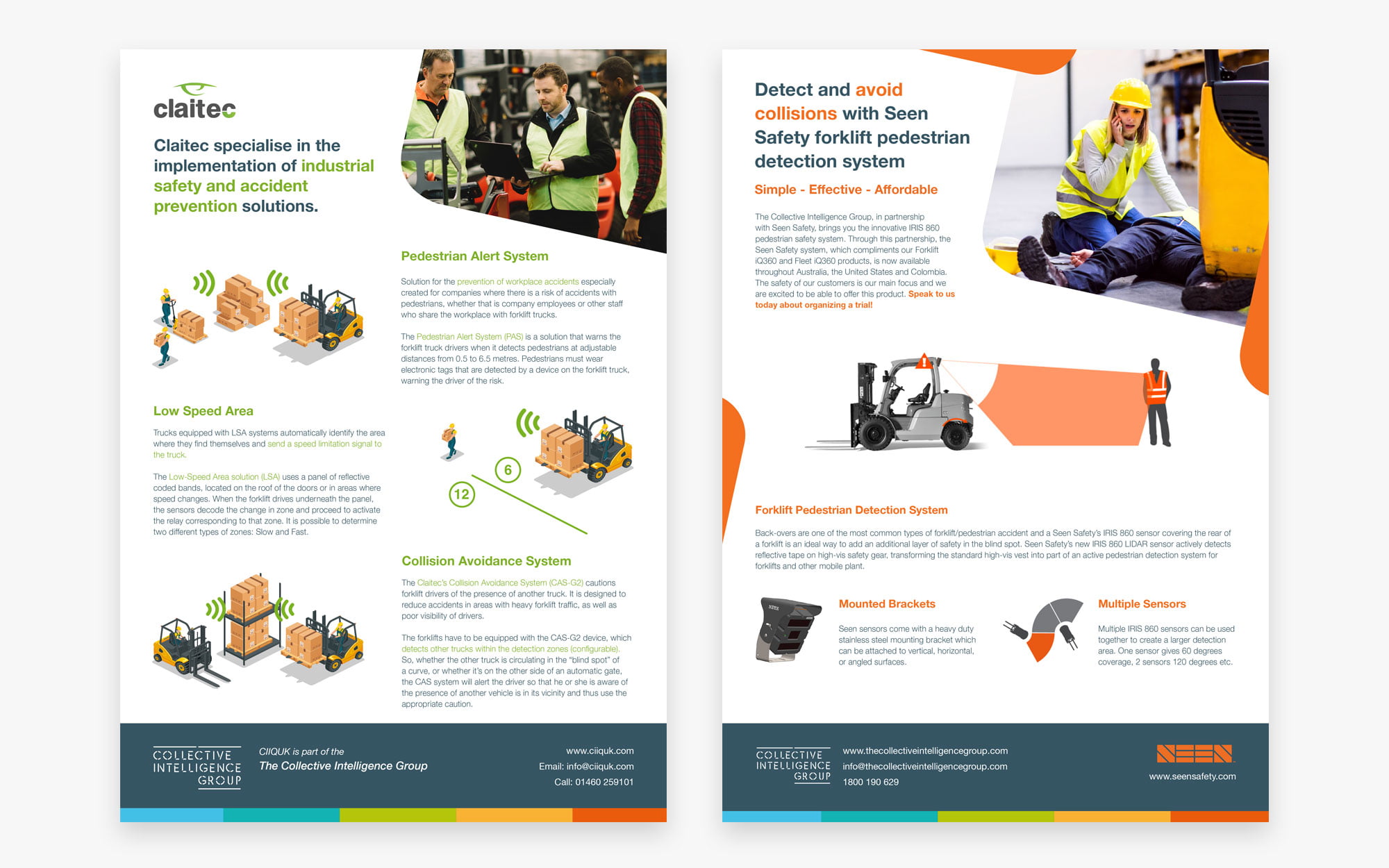A two-page brochure showcasing safety solutions for warehouse operations, including visuals of safety gear and equipment used in industrial settings.