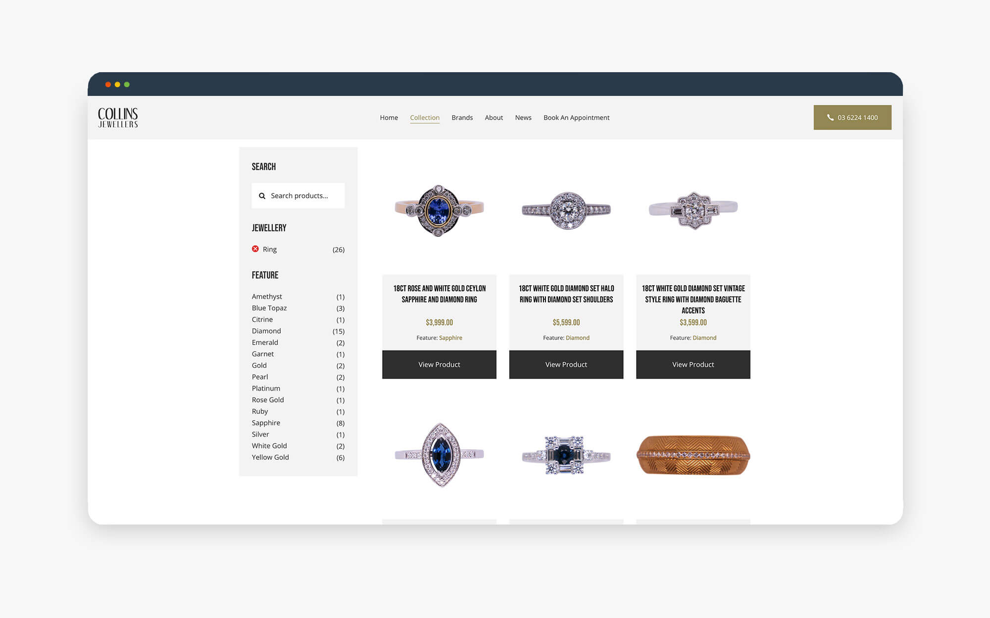 Jewelry Website Product Page Displaying Rings Screenshot of a jewelry website showing various rings with options to view and purchase.