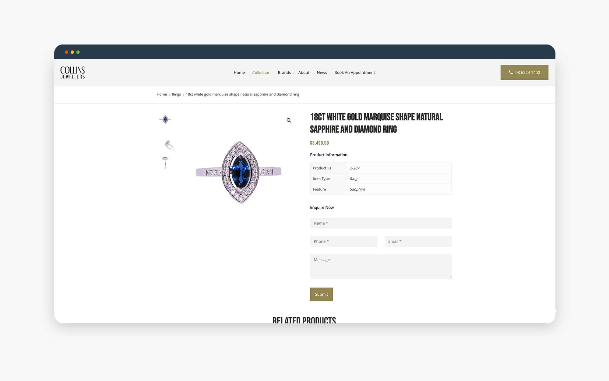 Natural Sapphire and Diamond Ring - Custom Jewelry Display of a Natural Sapphire and Diamond Ring on a website product page, featuring details about the ring.