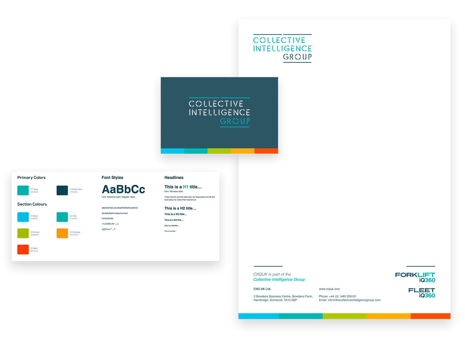 Branding Materials for Collective Intelligence Group Business card and letterhead design showcasing Collective Intelligence Group branding elements and color palette.