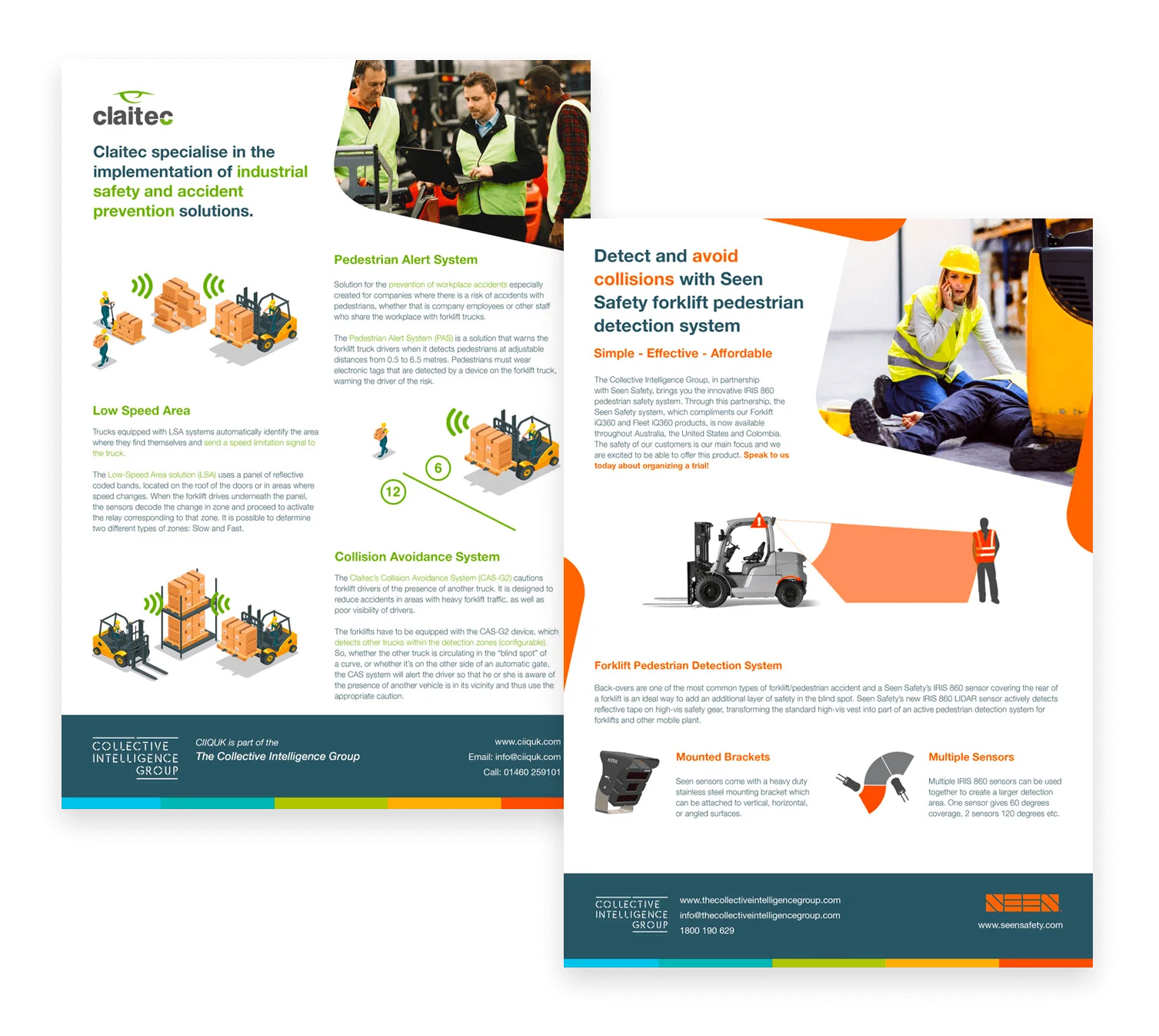 Industrial Safety Solutions Overview Two informational sheets outlining industrial safety solutions and pedestrian detection systems for forklift operations.