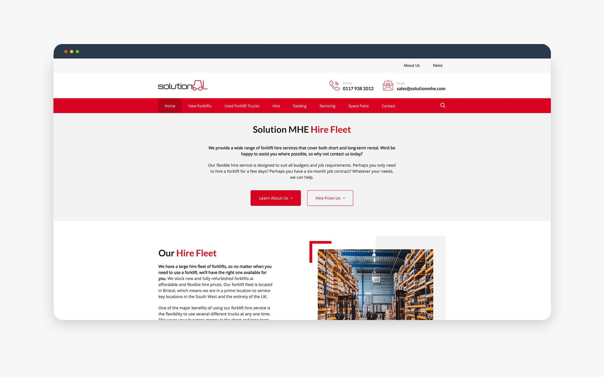 Screenshot of a warehouse management webpage showcasing storage solutions and services