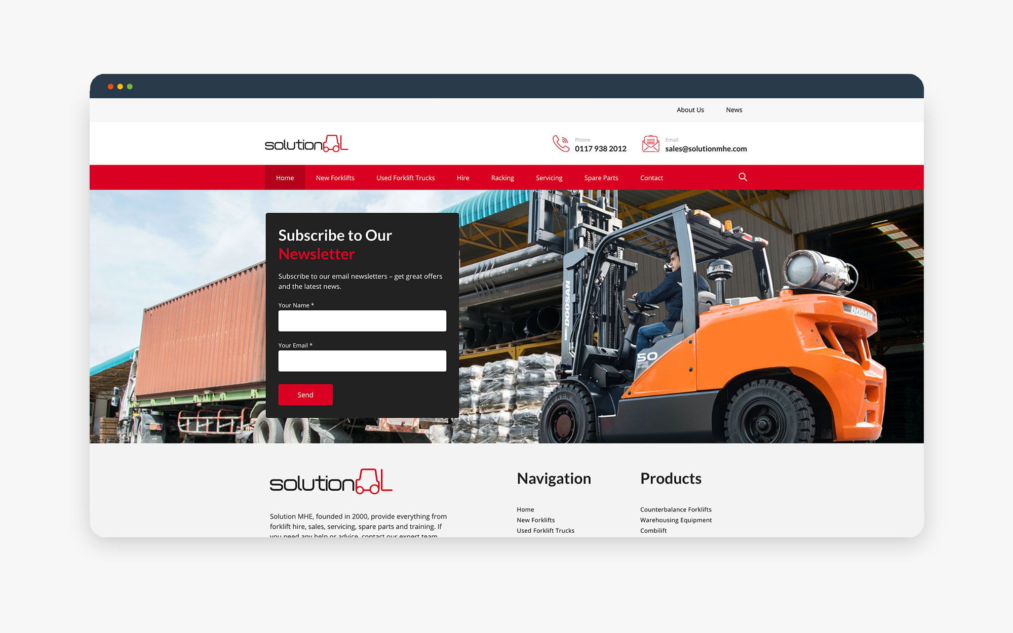 A screenshot of a website showcasing warehouse operations with an orange forklift in the foreground.