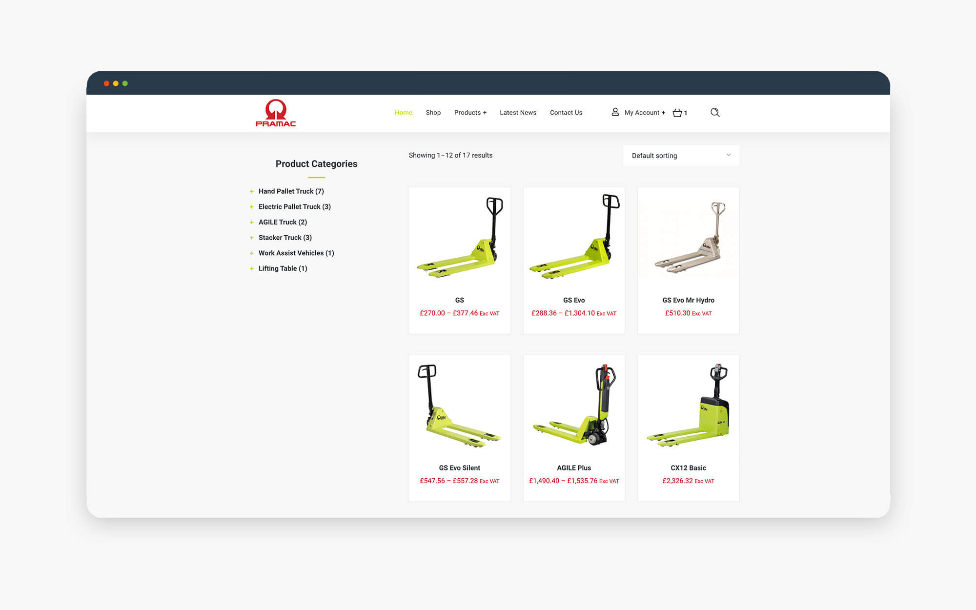 Product categories for pallet jacks and forklifts displayed on a website