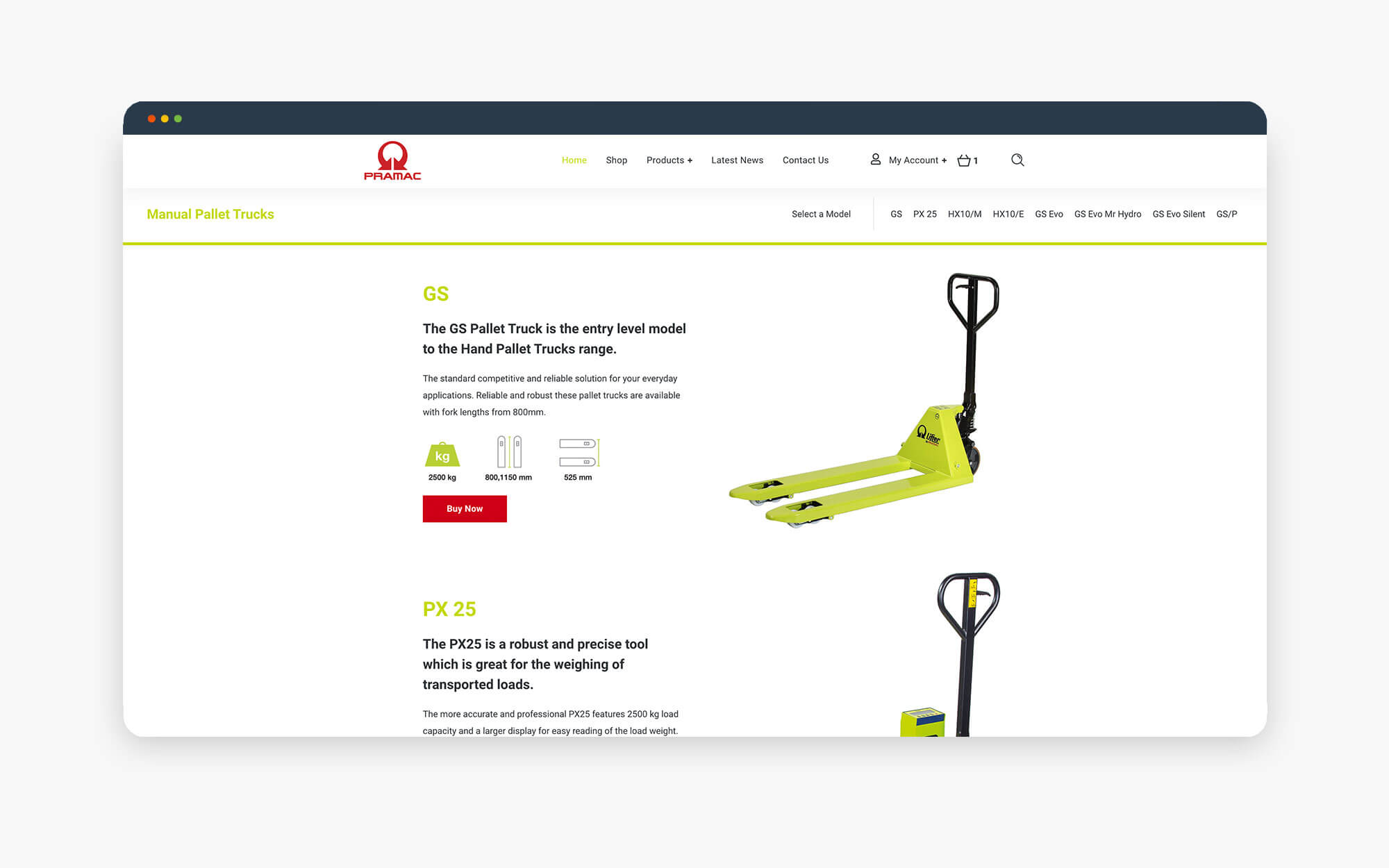 Detailed view of a yellow hand pallet jack on a product page, showcasing its features and specifications.