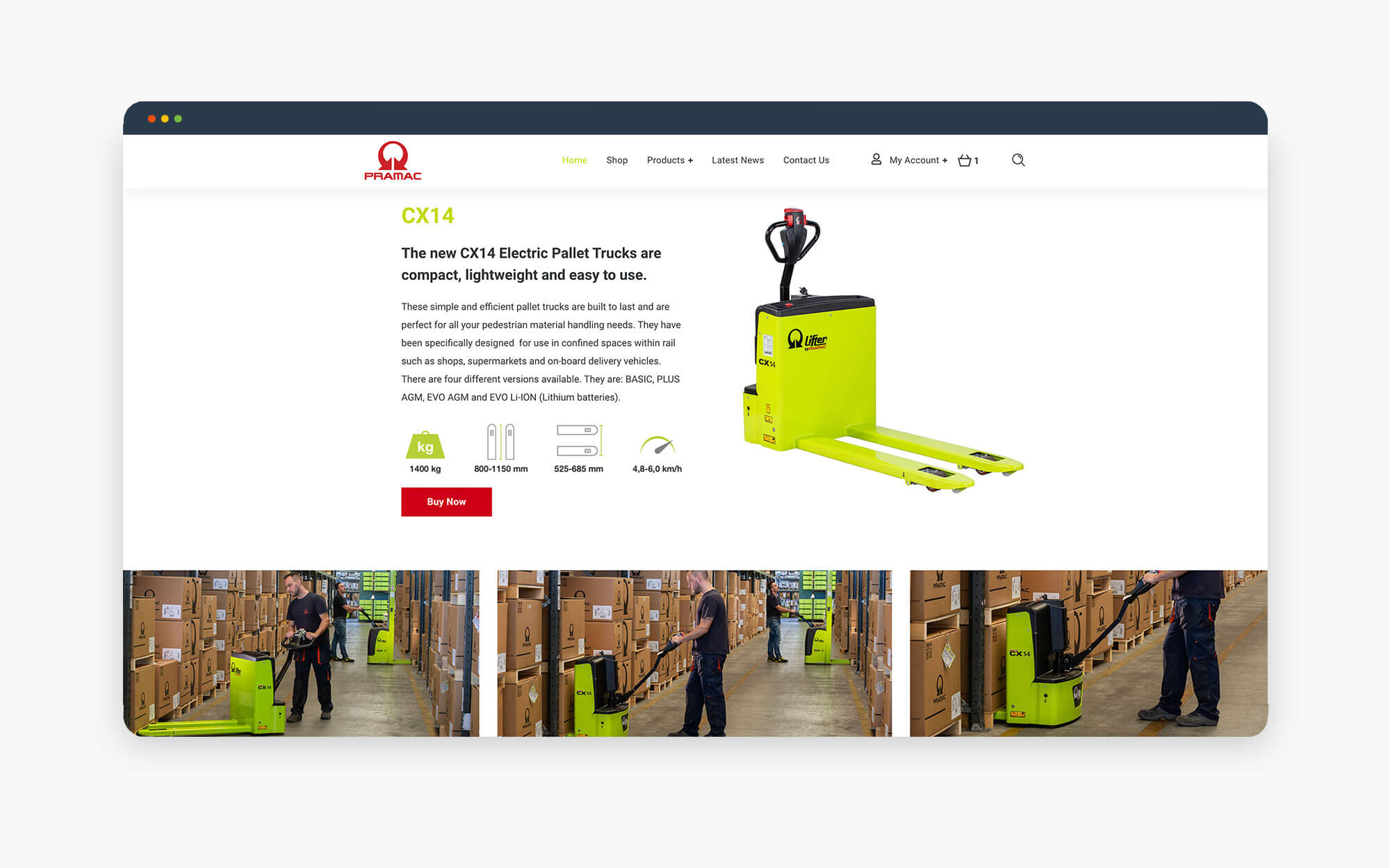 A bright yellow electric pallet truck displayed on a product webpage with images of warehouse use.