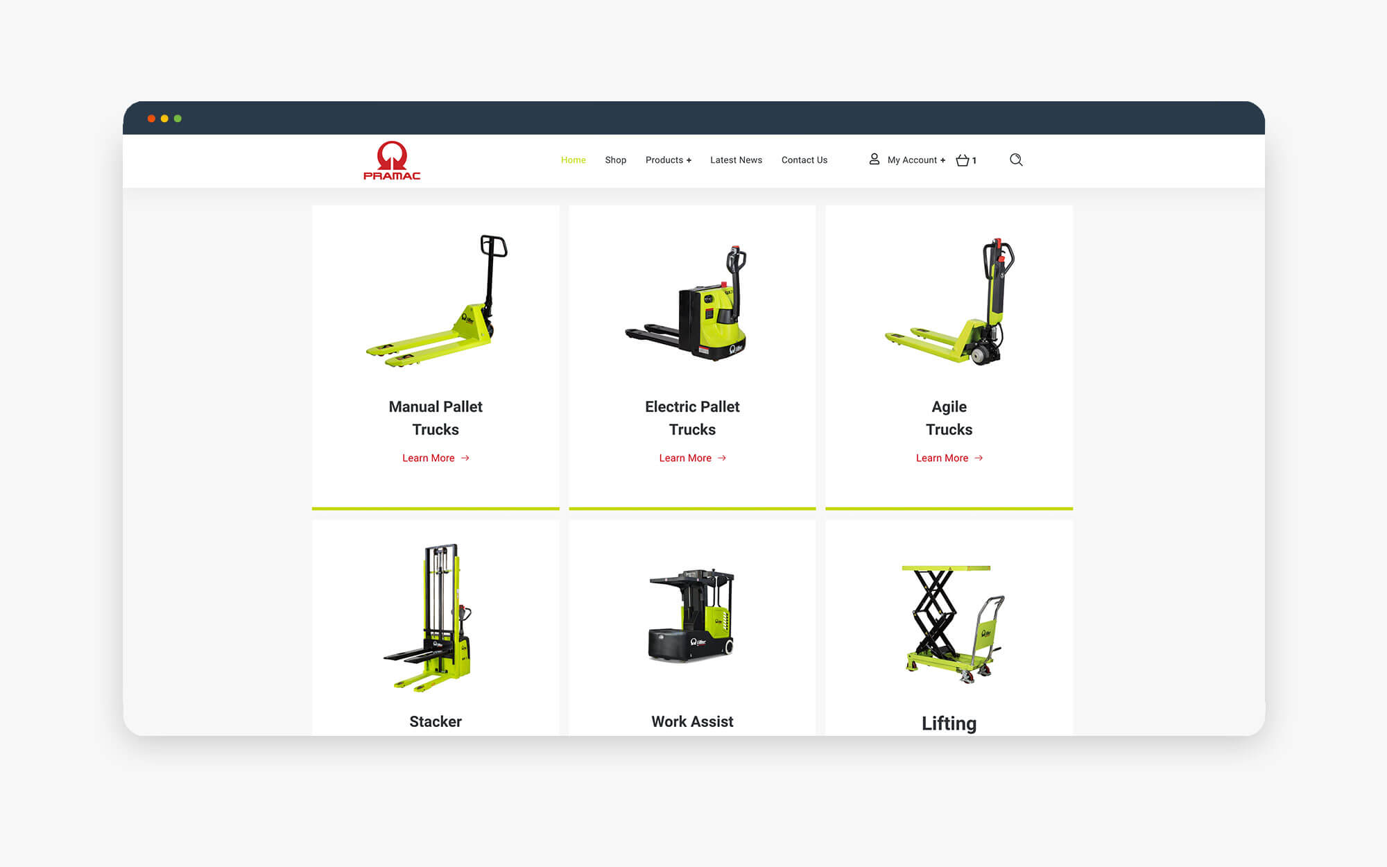 Display of manual and electric pallet trucks, stackers, work assists, and lifting equipment on a website