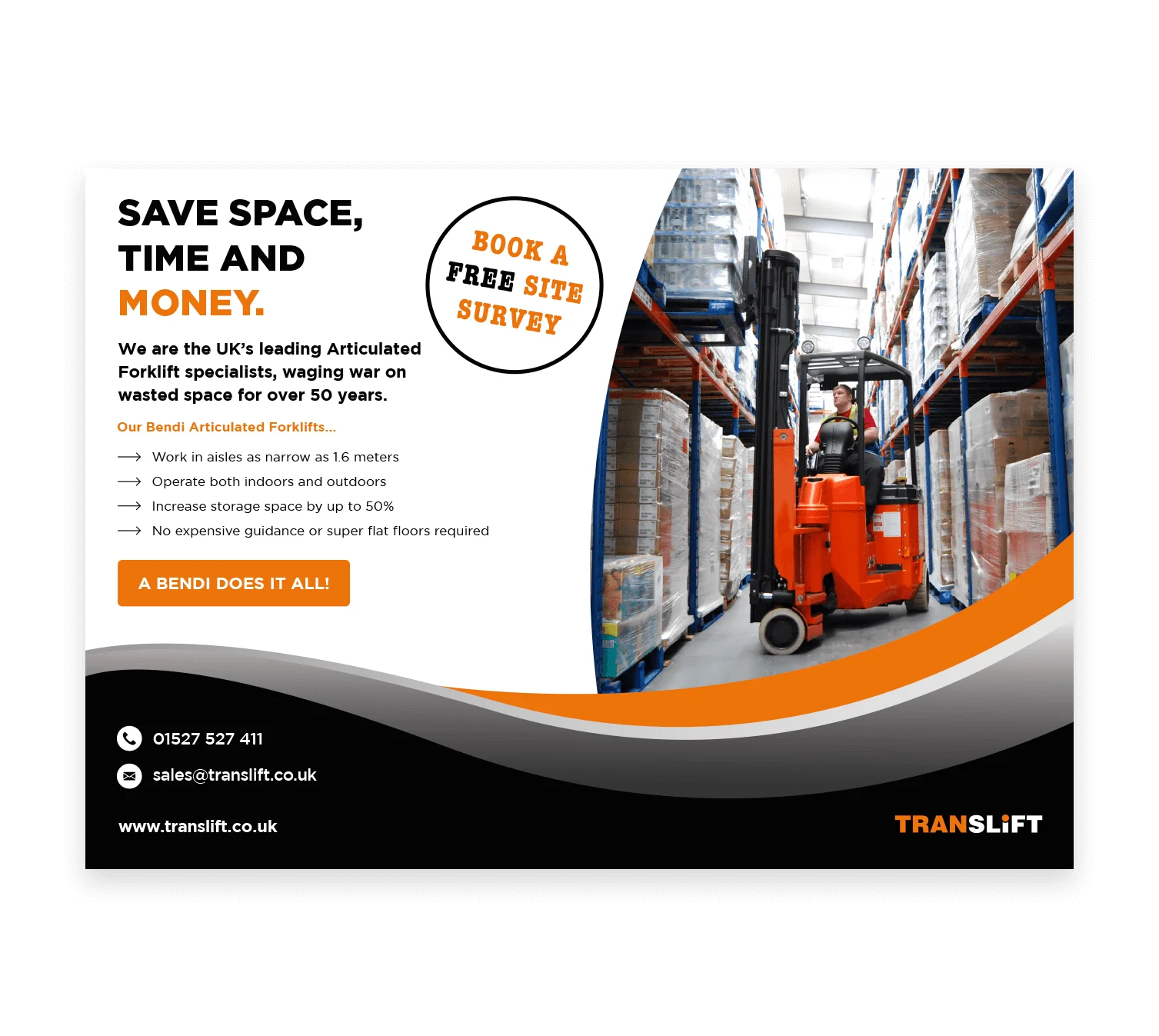 Articulated Forklift in Warehouse An articulated forklift operating in a warehouse filled with pallets, promoting space-saving and efficiency solutions.