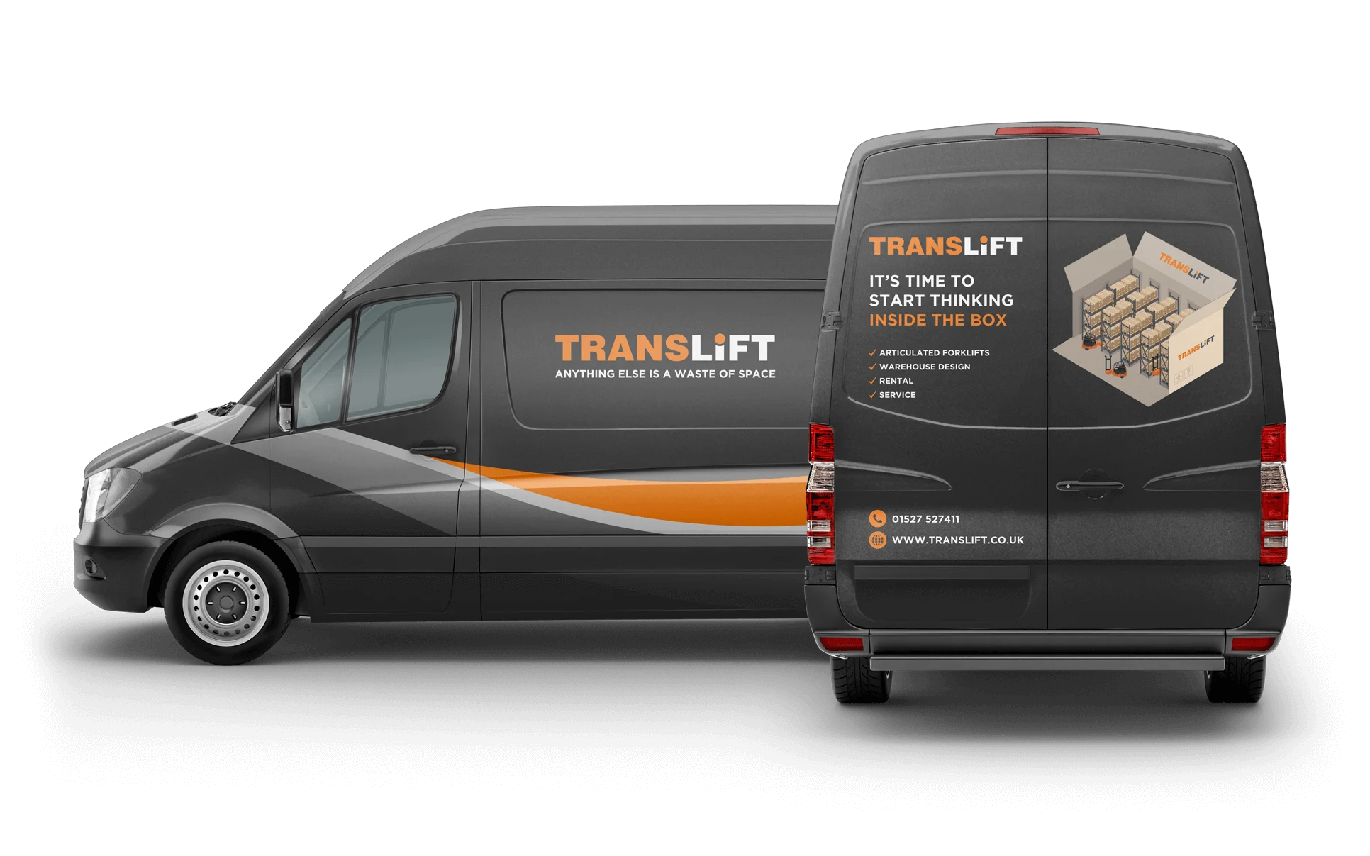 TransLift Delivery Van with Branding Side and rear view of a TransLift branded delivery van featuring a modern design and promotional messaging.