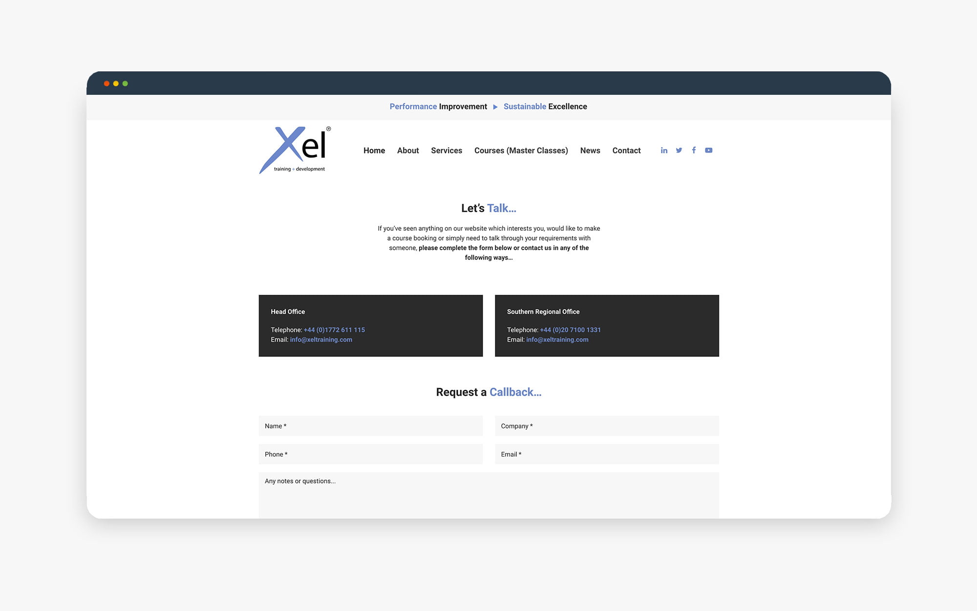 Xel Website Interface Screenshot of the Xel website showcasing the main navigation and contact form sections.