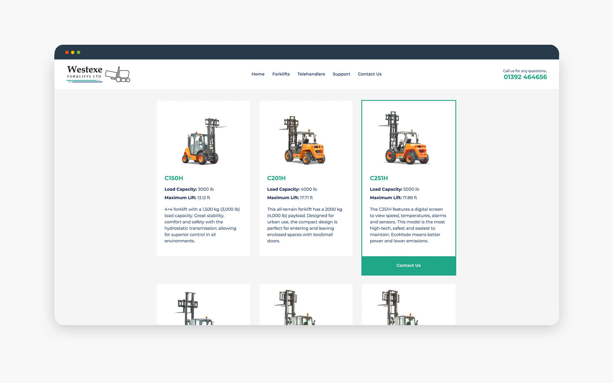 A screenshot of a website showcasing various forklift models and specifications.