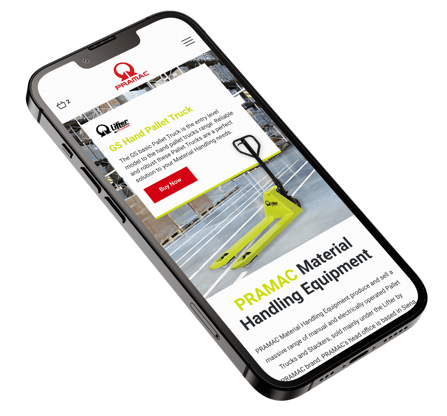 PRAMAC Material Handling Equipment on Mobile Mobile view of PRAMAC's GS Hand Pallet Truck product display with a focus on material handling equipment.