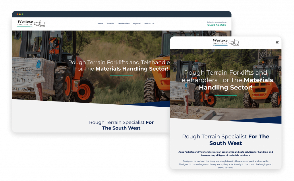 Responsive Website Design for Materials Handling Sector Image of a responsive website showcasing rough terrain forklifts and telehandlers for the materials handling sector