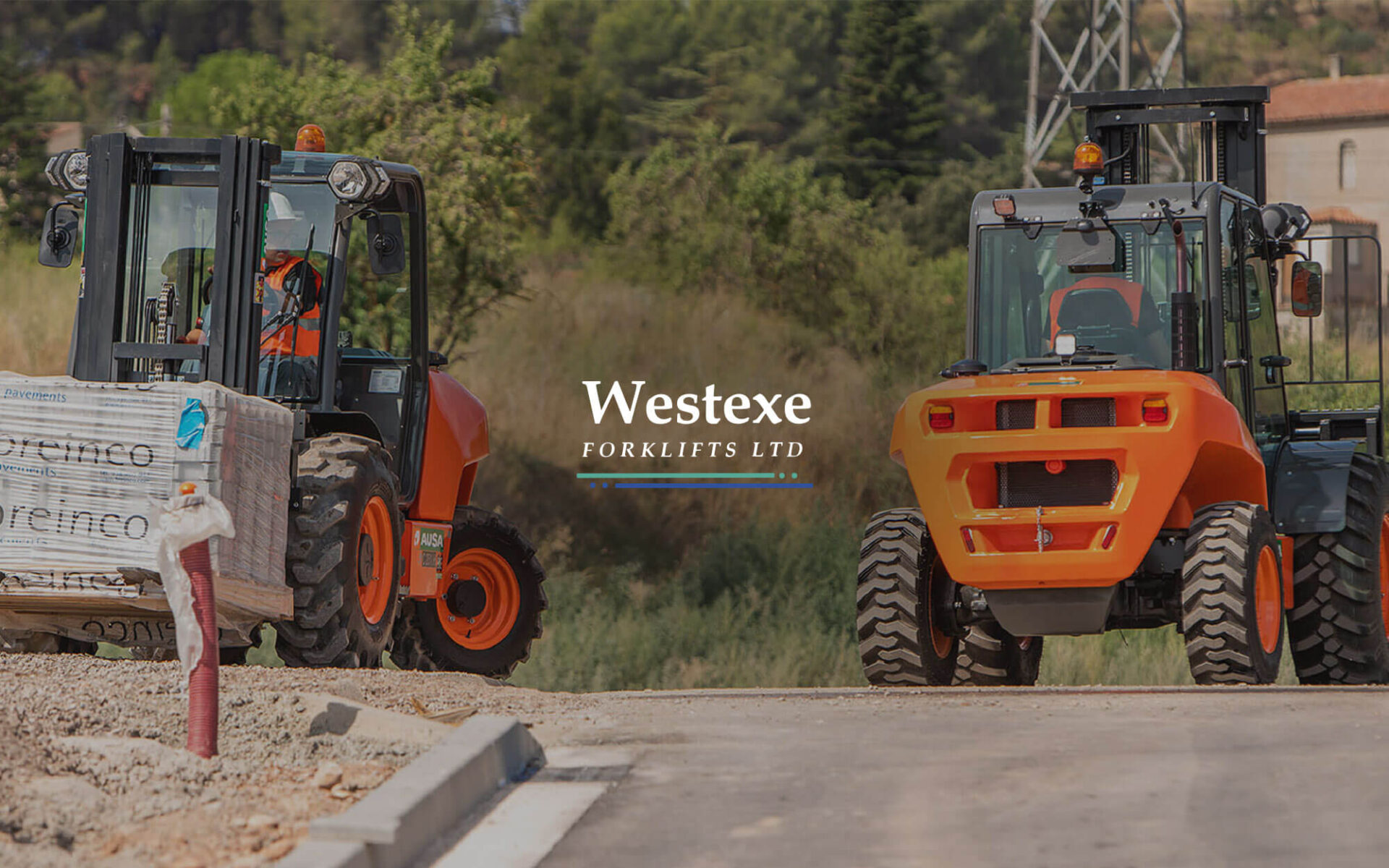 Two forklifts at a construction site, showcasing Westexe Forklift Ltd branding.