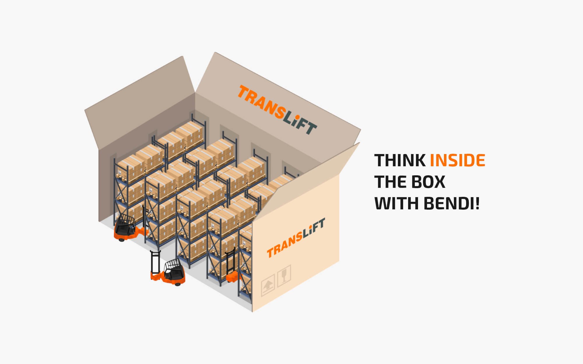 Illustration of a warehouse layout featuring TransLift equipment and stacked boxes, emphasizing innovative storage solutions.
