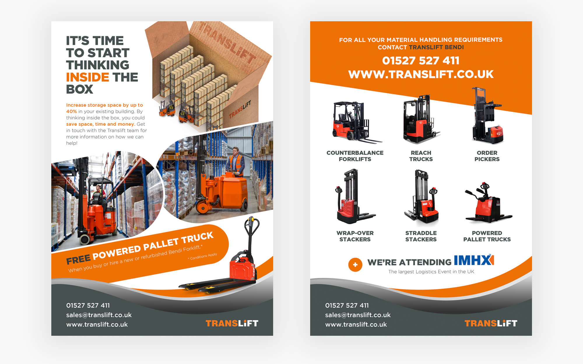 TransLift flyer showcasing a powered pallet truck and various warehouse equipment with contact information and event details.