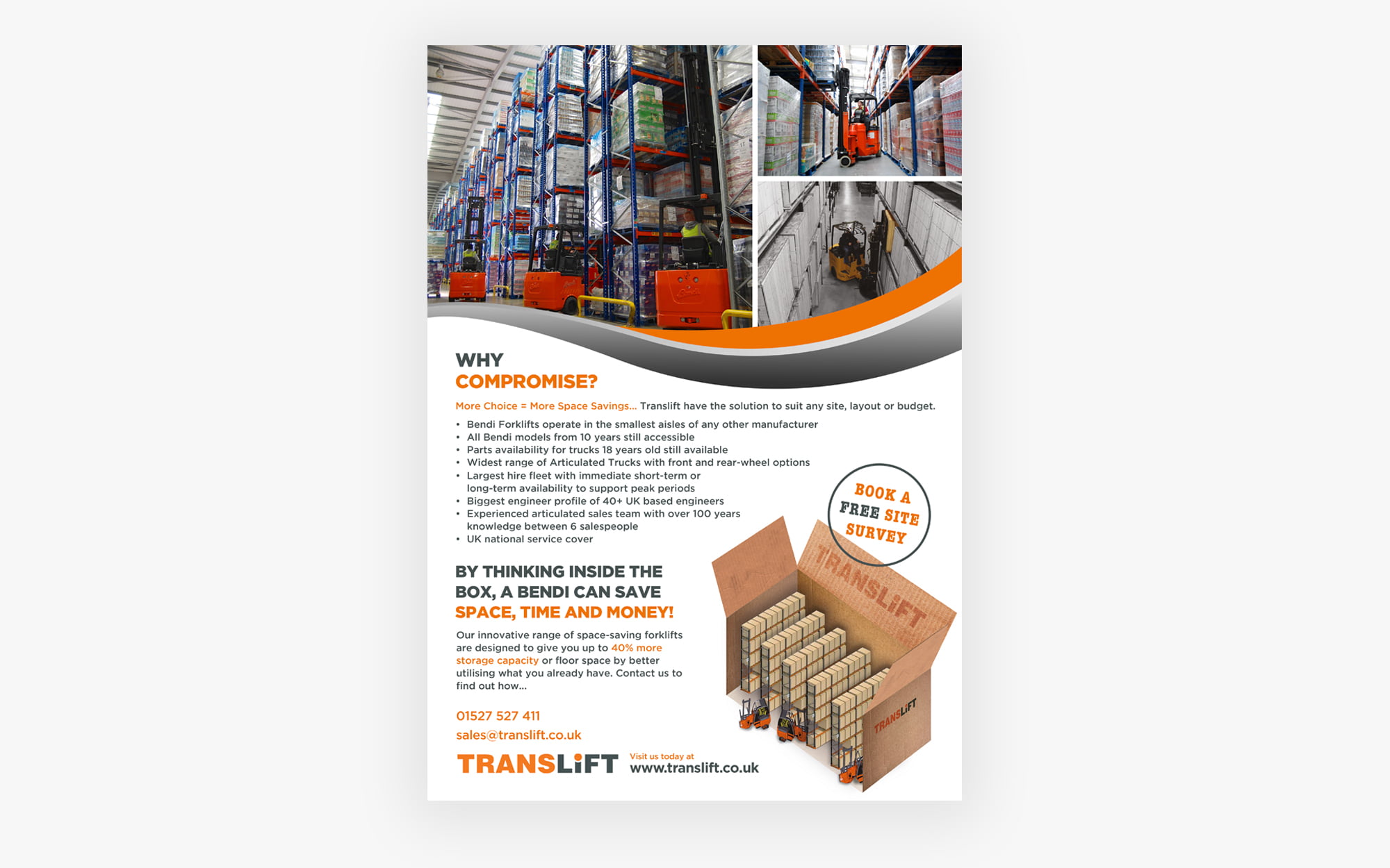 Promotional flyer showcasing warehouse equipment and benefits offered by Translift